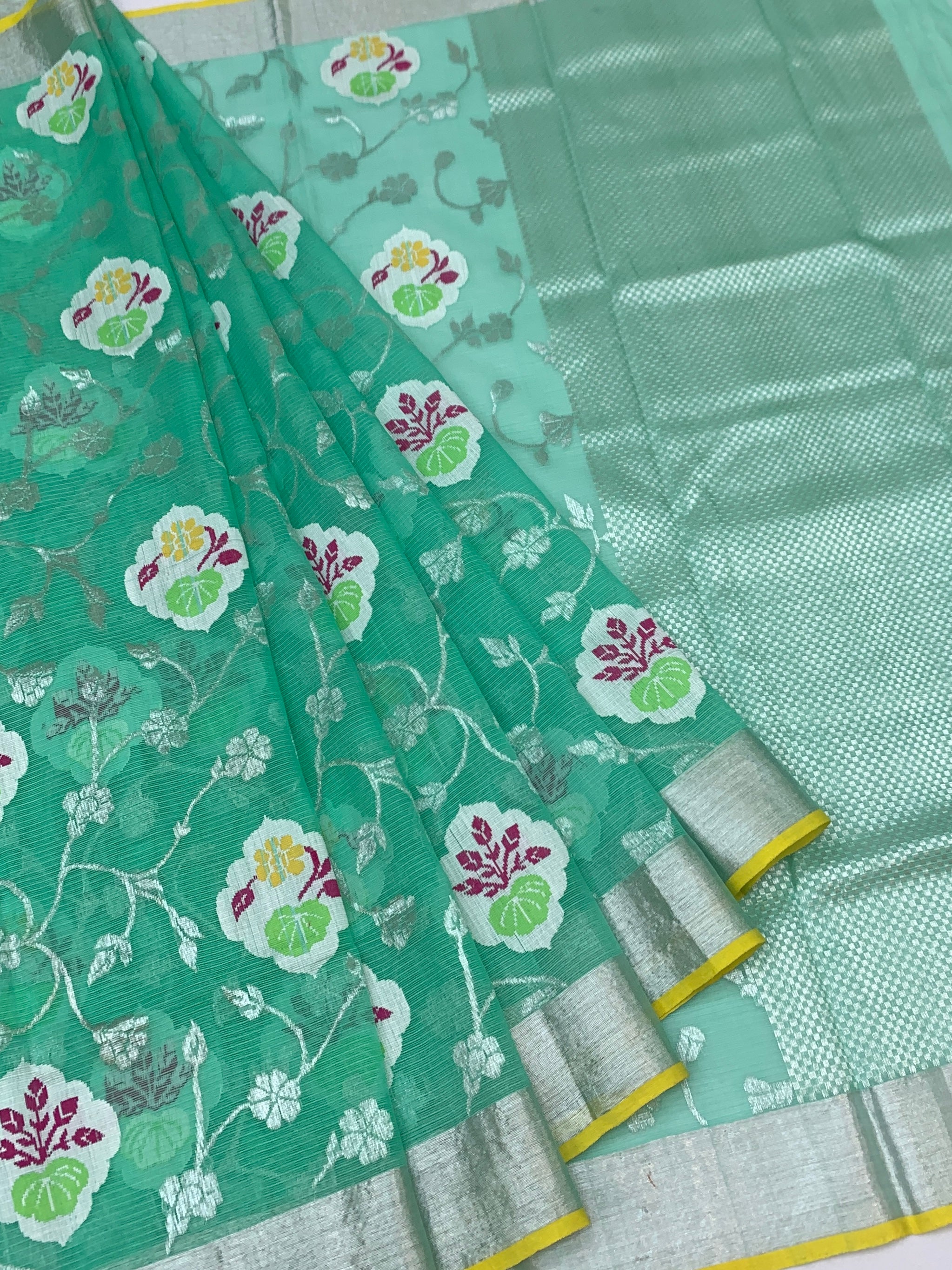 Sea Green Zari Kota Floral Saree with Contrast Sunshine Yellow Blouse