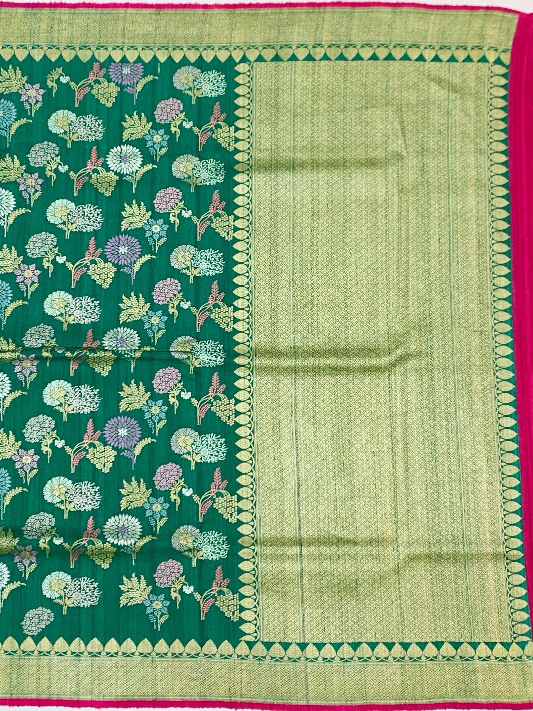Emerald Green Tussore Georgette Saree with Meenakari Florals and Rani Pink Blouse