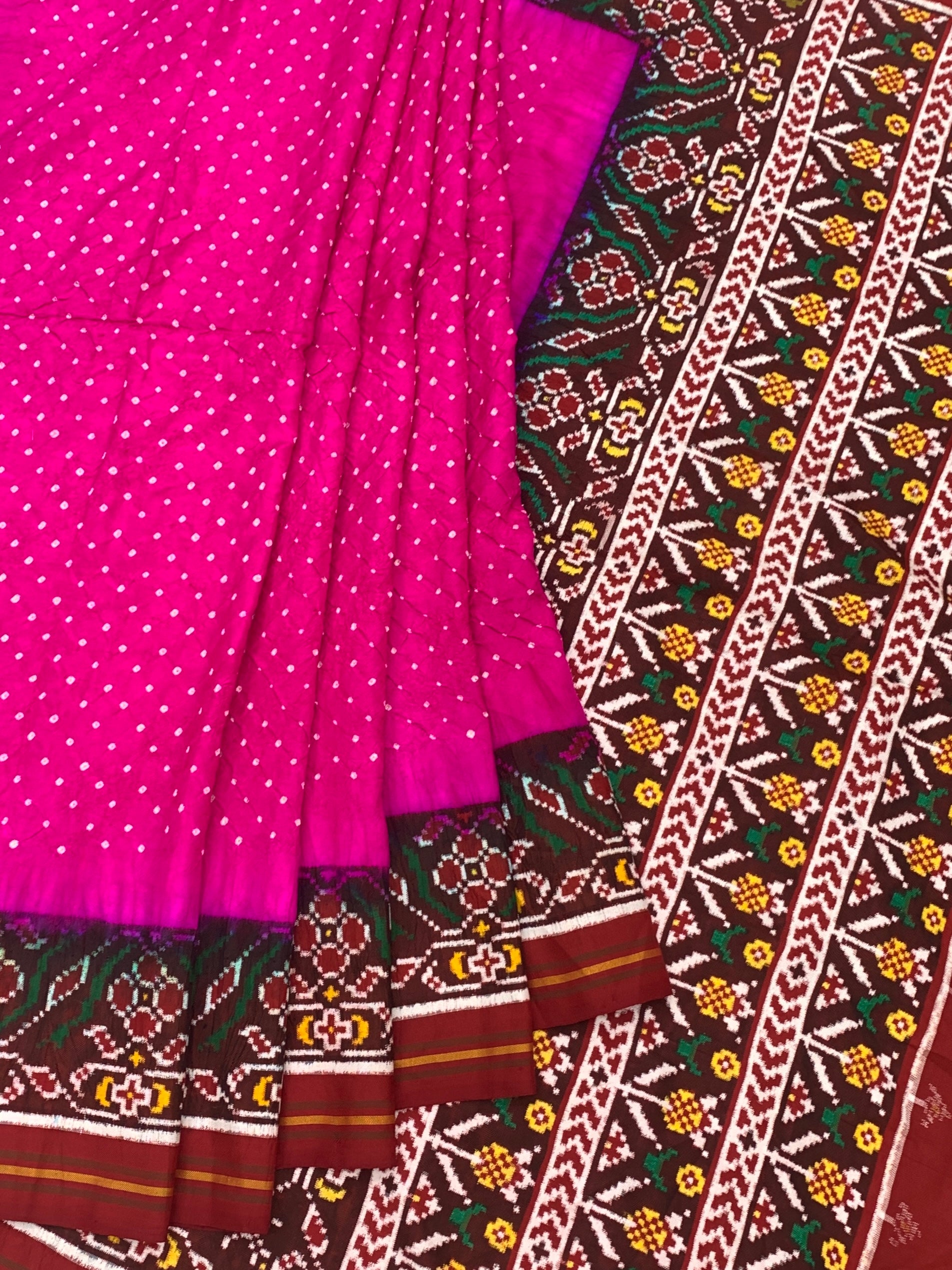 Vibrant Rani Pink & Maroon Patan Patola Bandhani Silk Saree