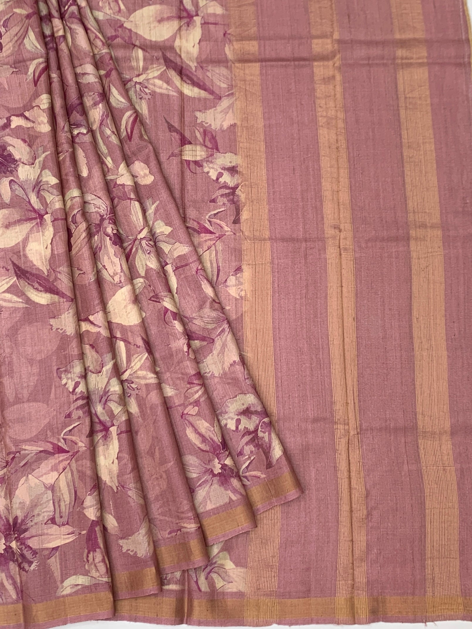 Dusty Rose Romance: Ethereal Floral Tussore Printed Saree