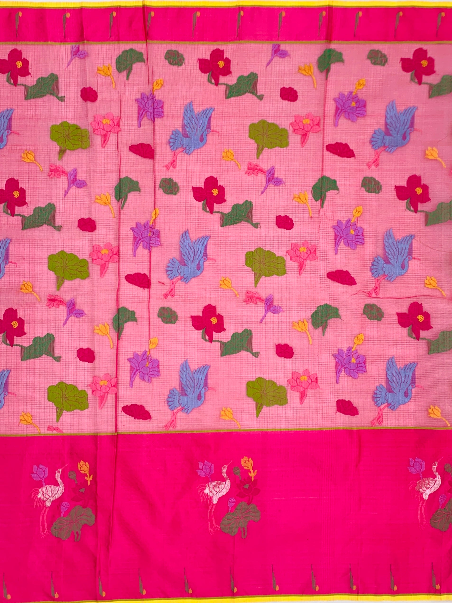 Enchanting Ivory Zari Kota Saree with Vibrant Crane & Lotus Motifs