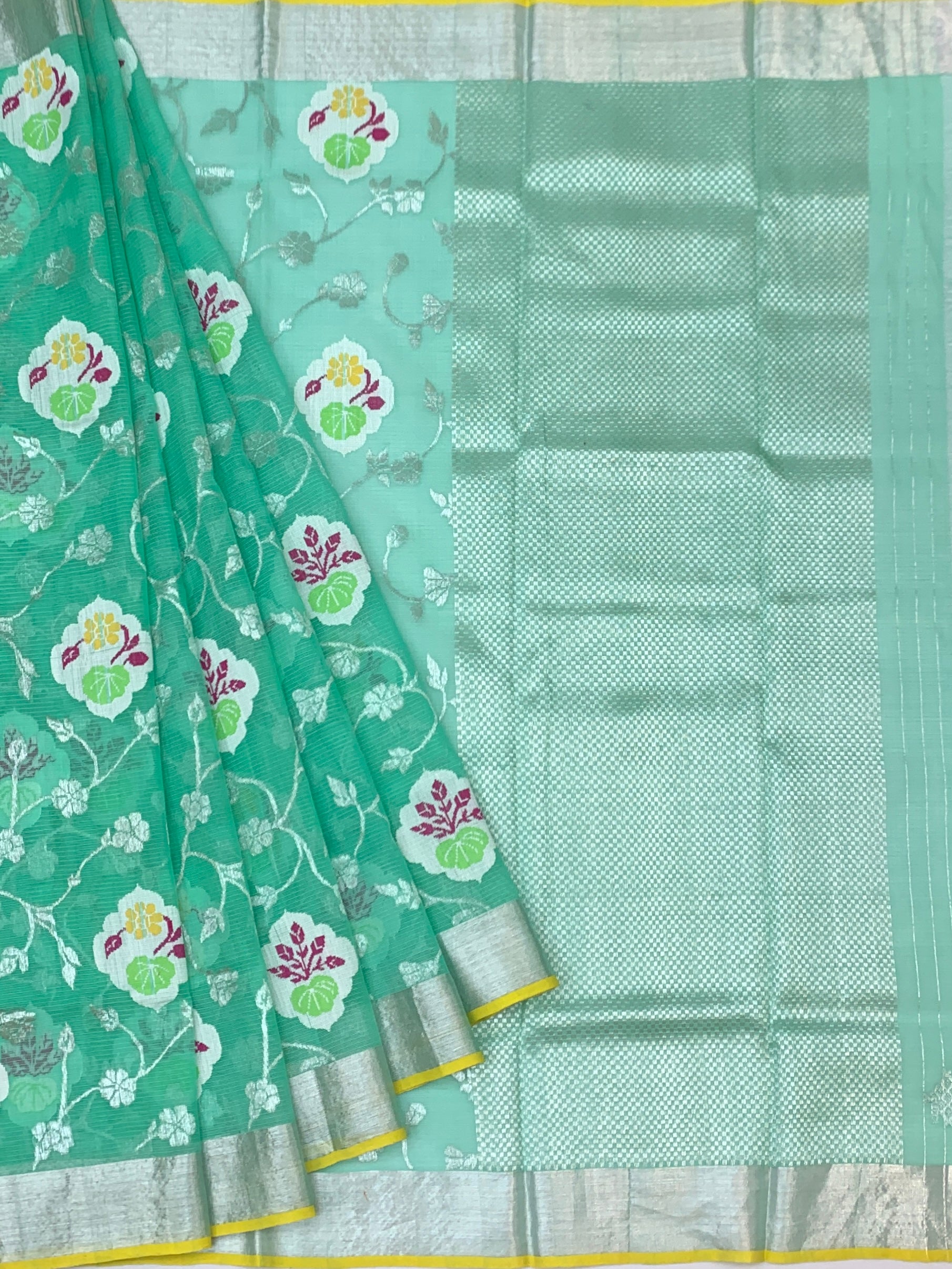 Sea Green Zari Kota Floral Saree with Contrast Sunshine Yellow Blouse