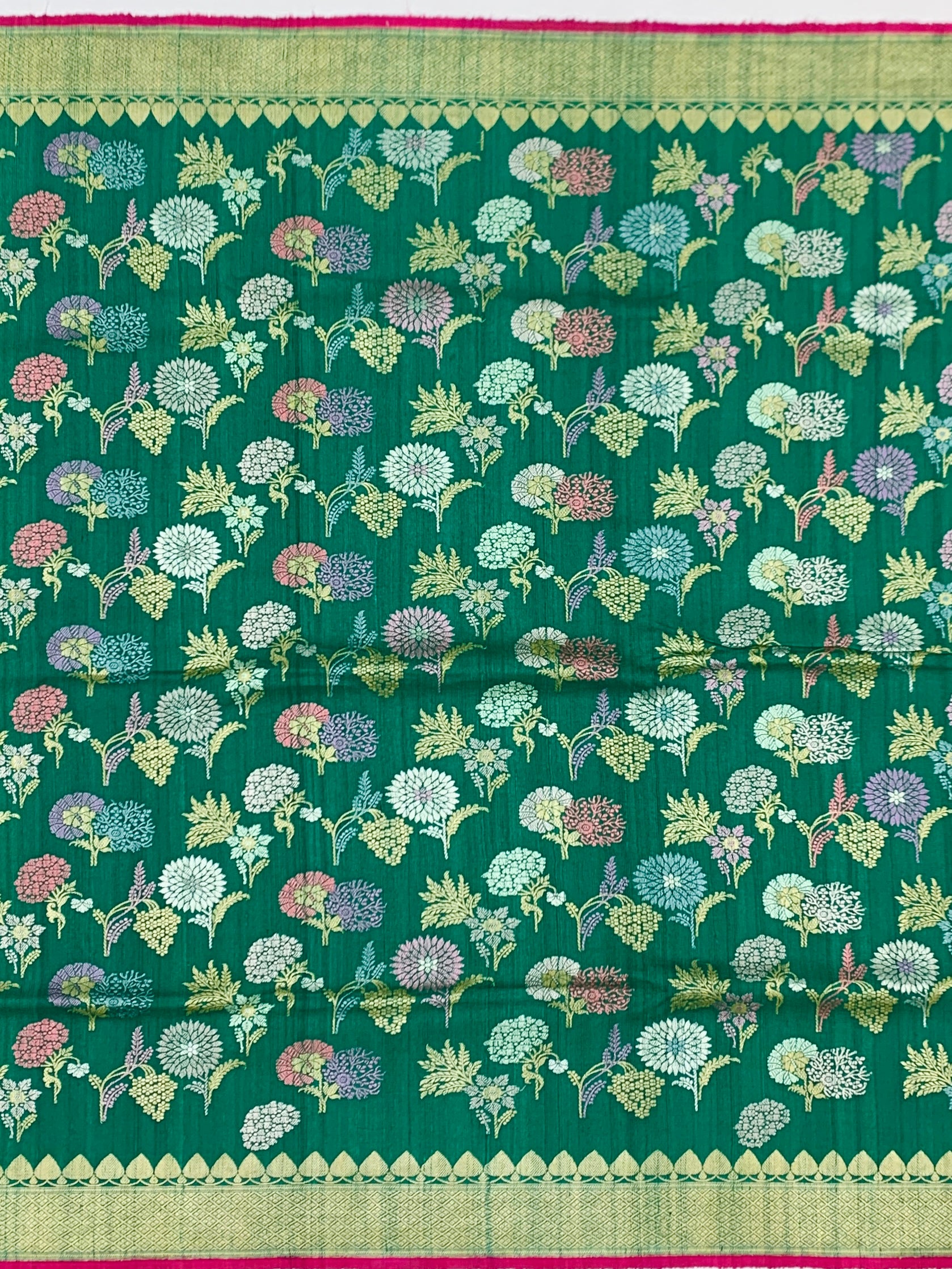 Emerald Green Tussore Georgette Saree with Meenakari Florals and Rani Pink Blouse