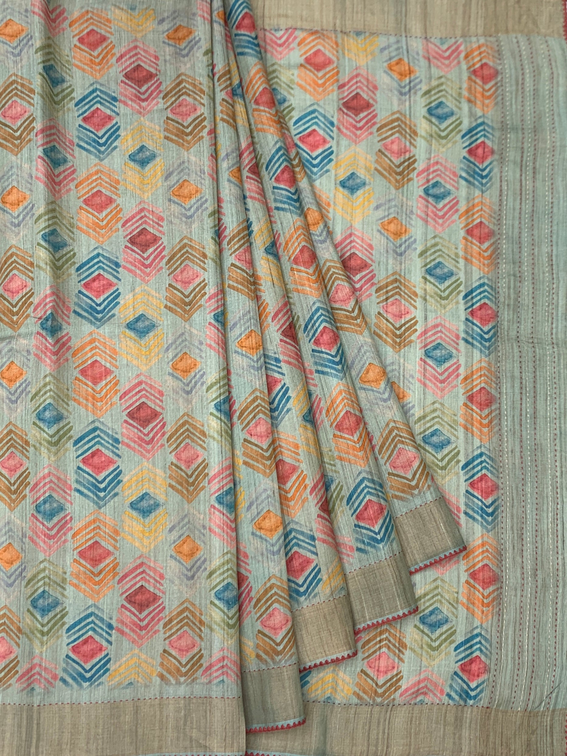 Pastel Blue Tussore Saree with Kantha-Inspired Accent Prints