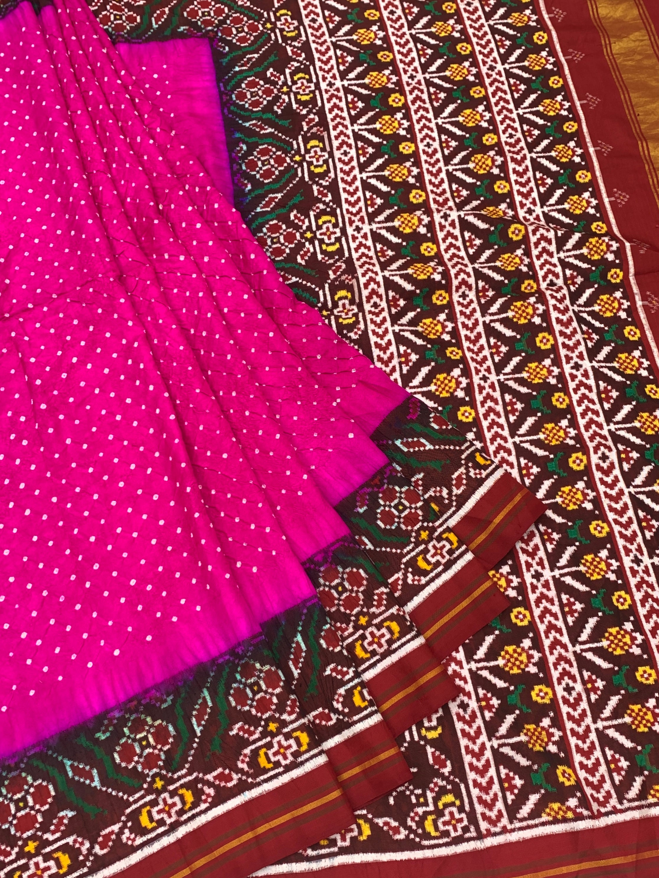 Vibrant Rani Pink & Maroon Patan Patola Bandhani Silk Saree