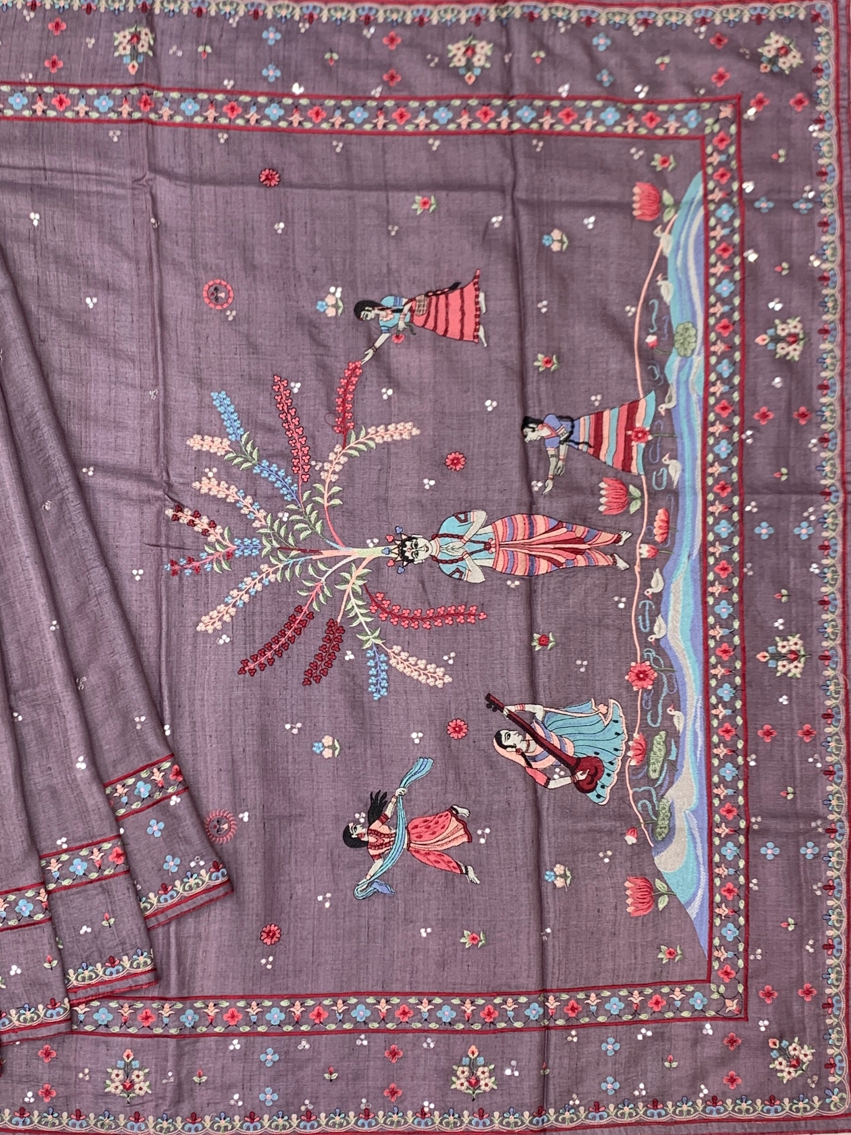 Enchanted Folklore: Narrative Hand-Embroidered Mauve Tussar Saree