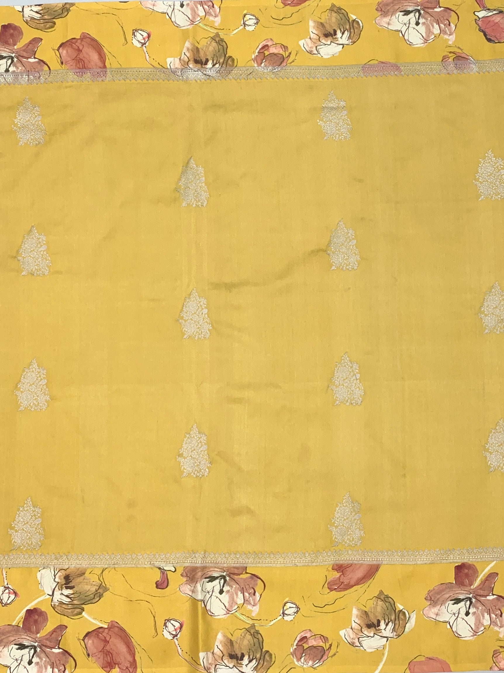 Sunlit Petals: Mustard Yellow Tussar Silk Saree with Floral Print