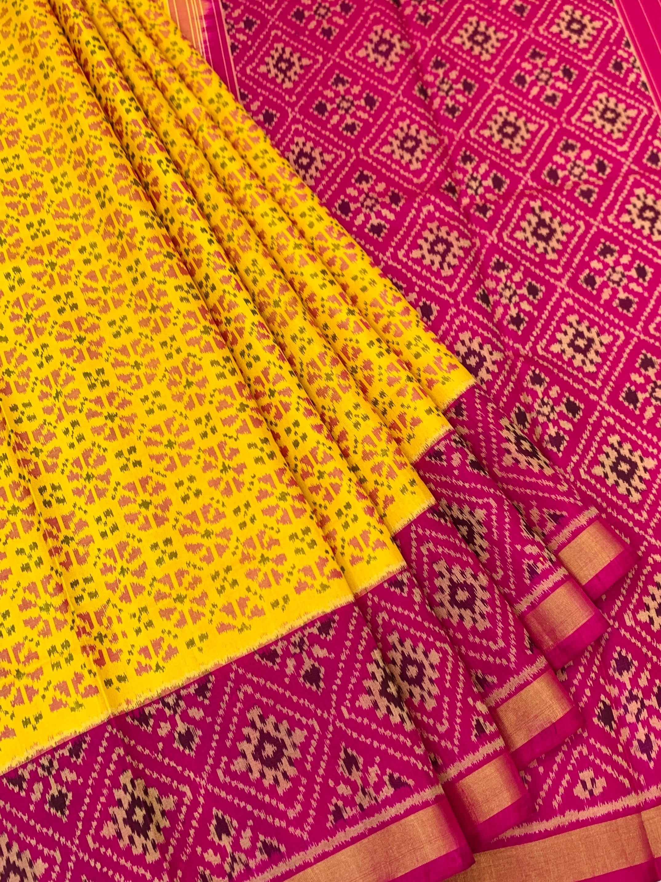Radiant Sunshine Yellow and Rani Pink Rajkot Patola Silk Saree
