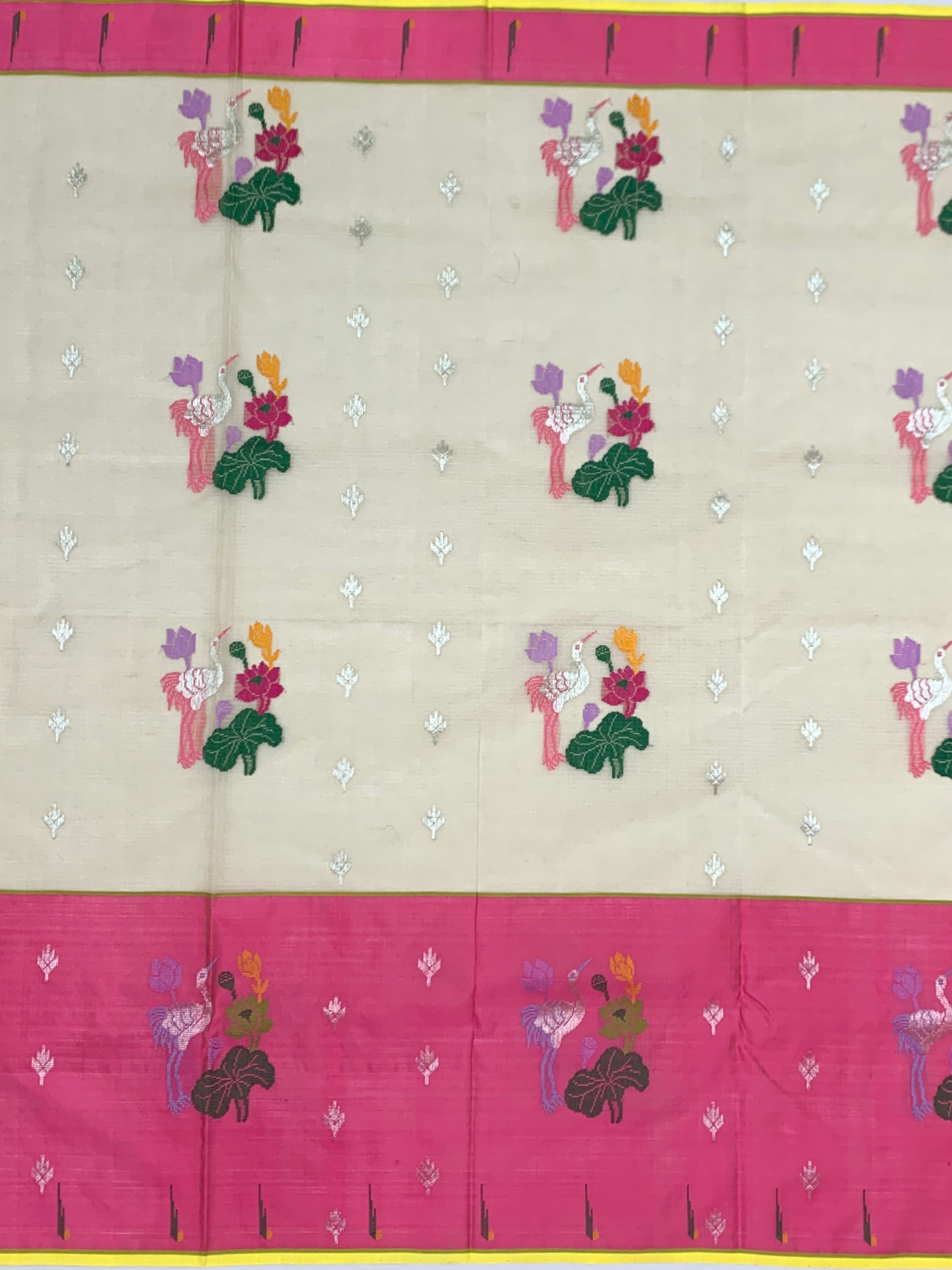 Enchanting Ivory Zari Kota Saree with Vibrant Crane & Lotus Motifs
