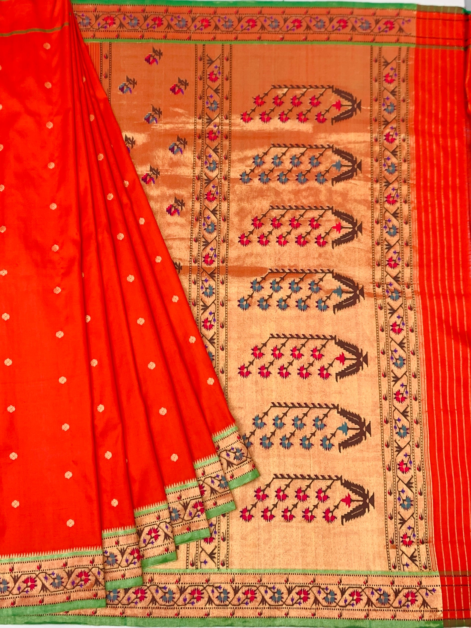 Vibrant Vermilion Orange Paithani Silk Saree with Floral Tree Pallu