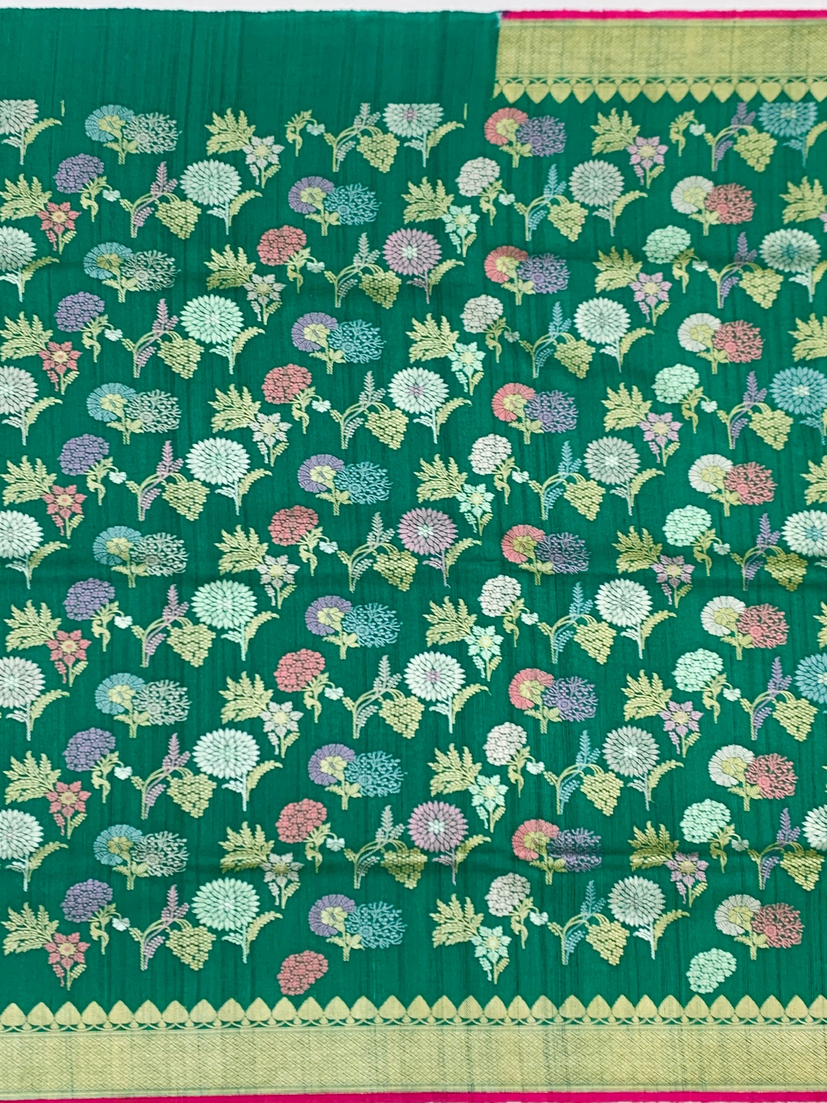 Emerald Green Tussore Georgette Saree with Meenakari Florals and Rani Pink Blouse