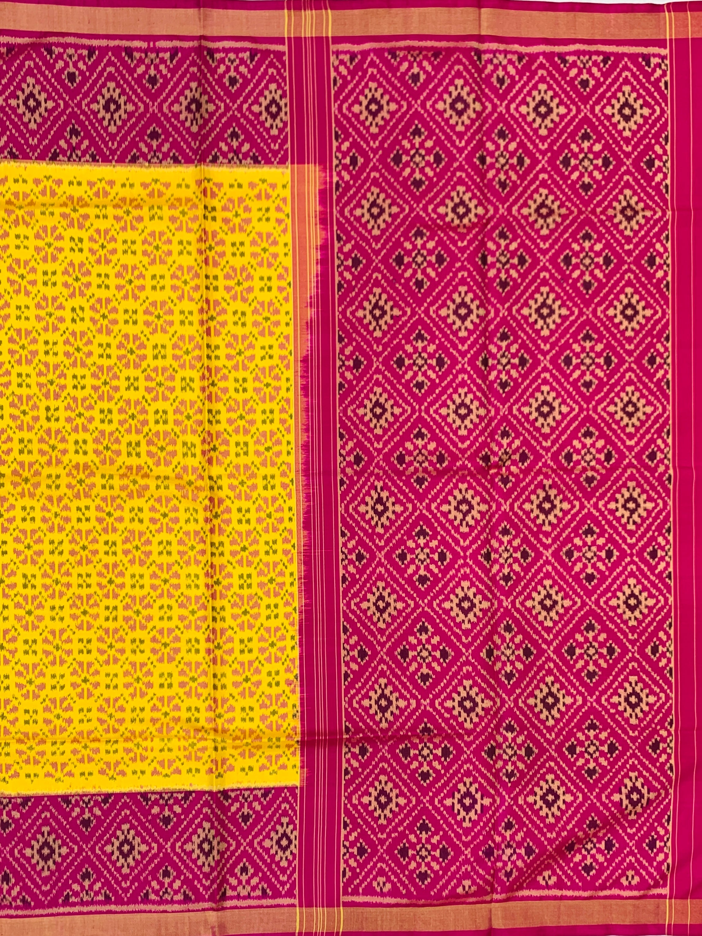 Radiant Sunshine Yellow and Rani Pink Rajkot Patola Silk Saree