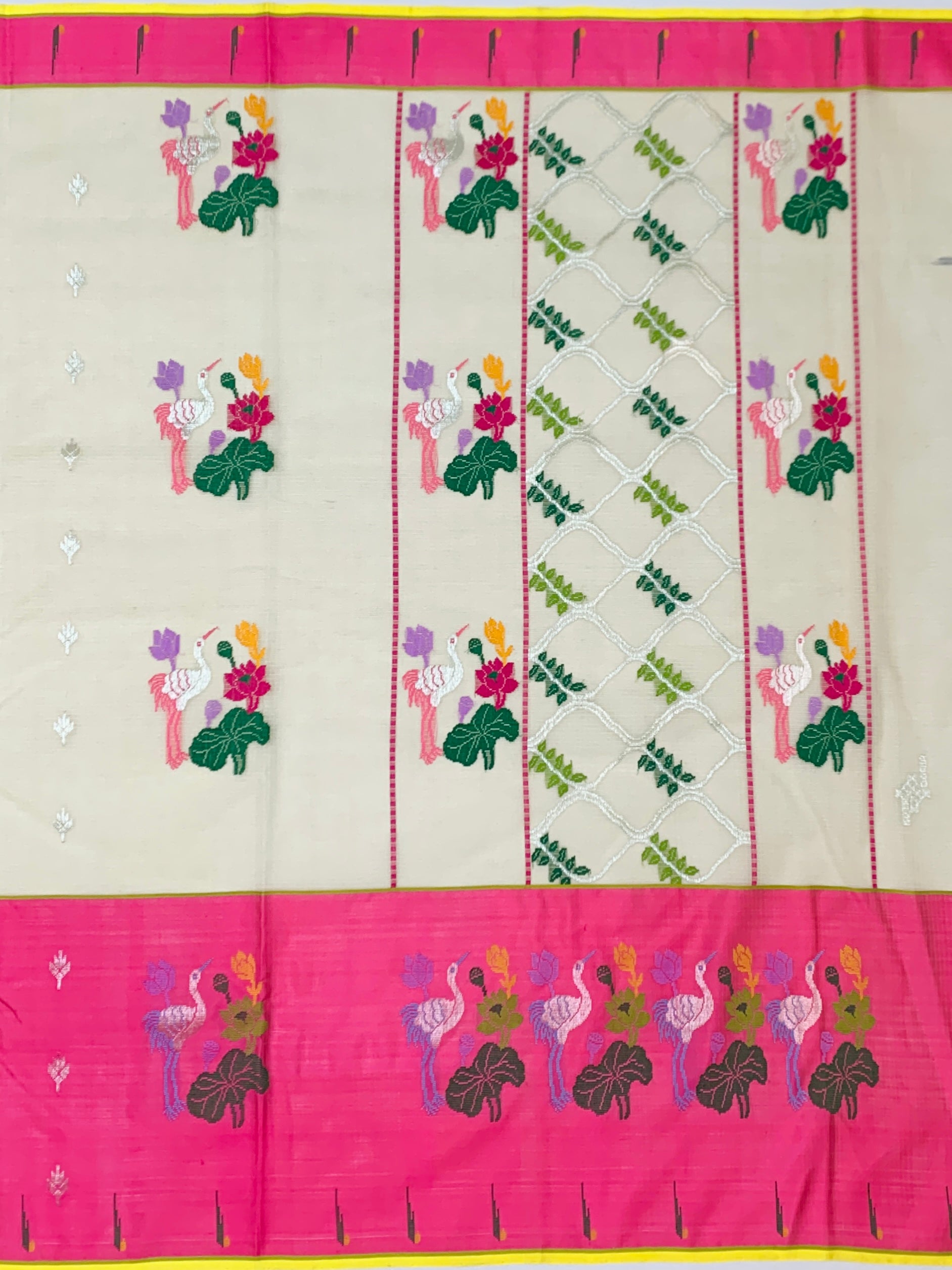 Enchanting Ivory Zari Kota Saree with Vibrant Crane & Lotus Motifs