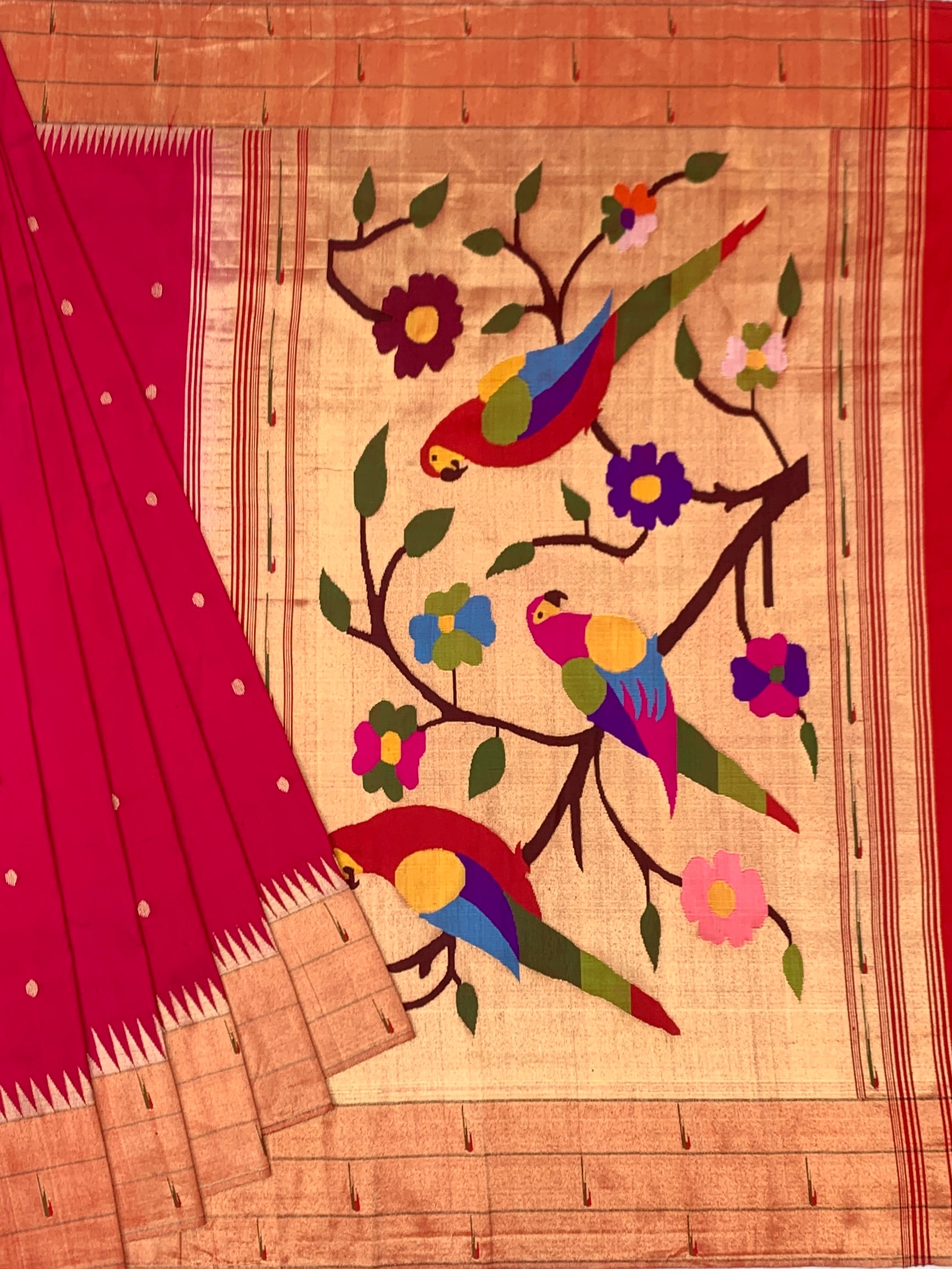 Opulent Rani Pink Paithani Silk Saree with Vibrant Parrot Pallu