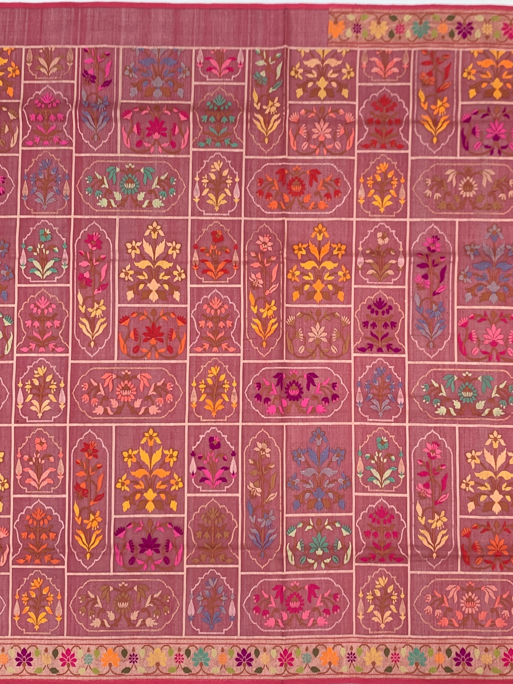 Deep Wine and Dusty Rose Cotton Jamdani Saree with Mughal Floral Grid