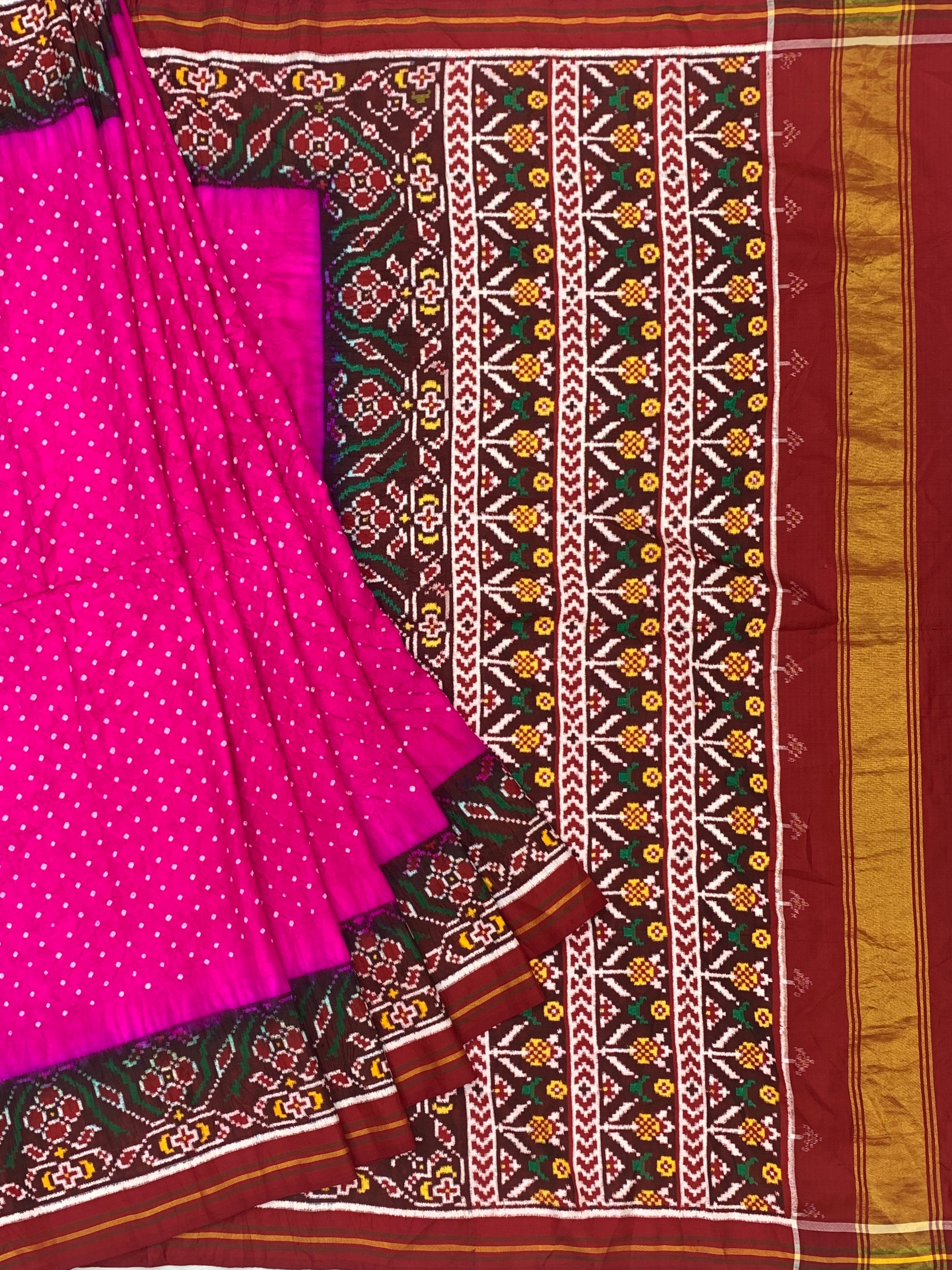 Vibrant Rani Pink & Maroon Patan Patola Bandhani Silk Saree