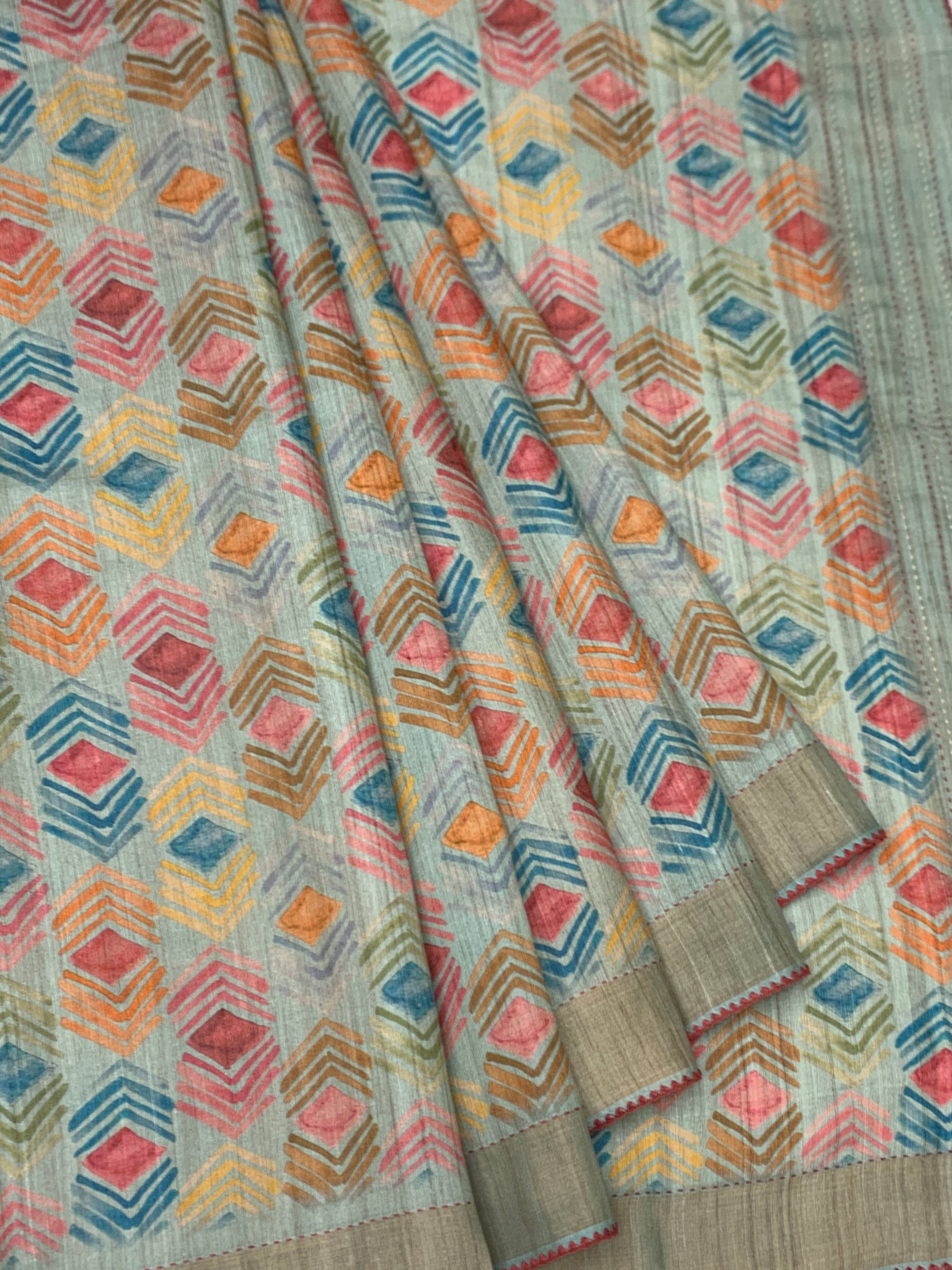 Pastel Blue Tussore Saree with Kantha-Inspired Accent Prints