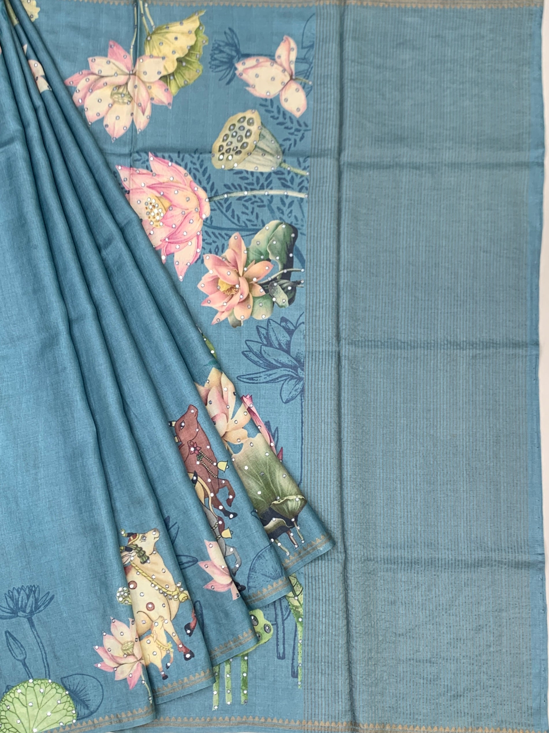 Azure Tranquility: Pichwai-Inspired Lotus & Cow Motif Tussar Silk Saree