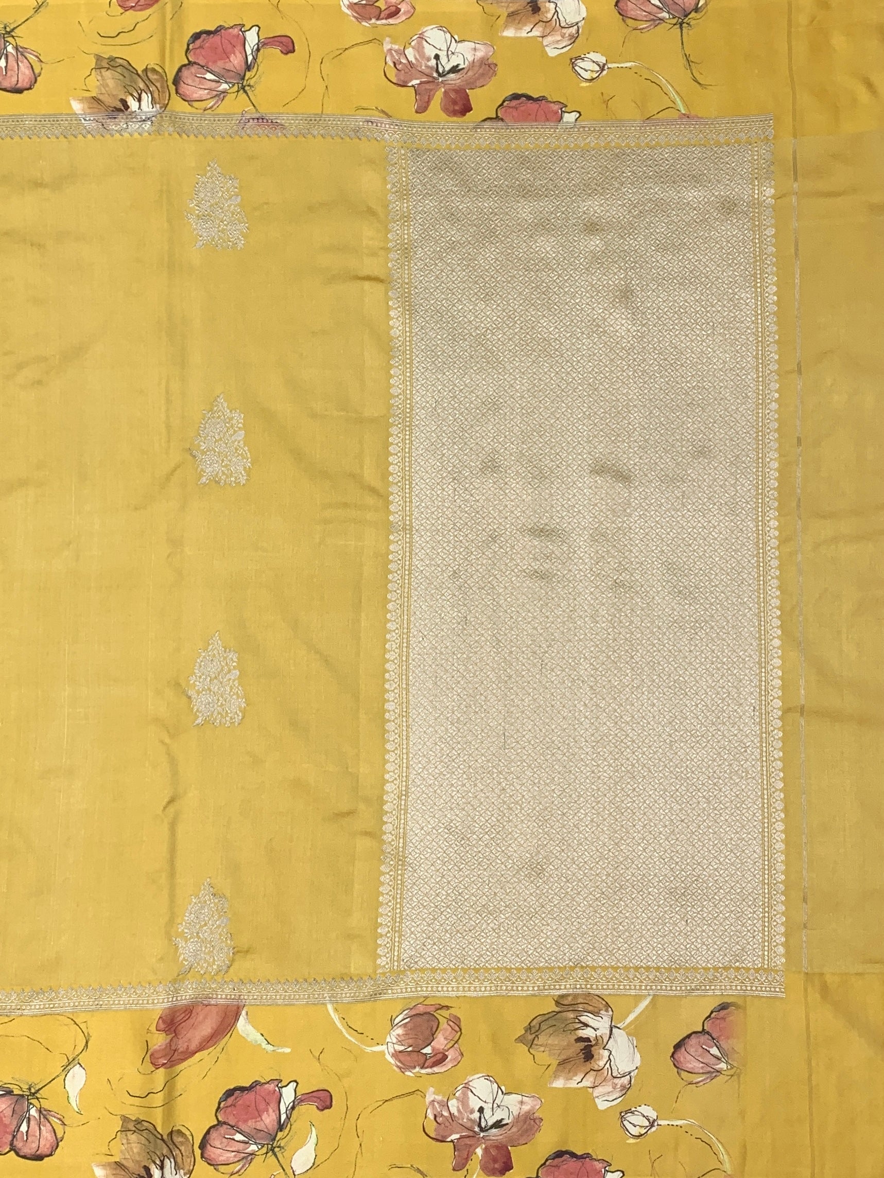 Sunlit Petals: Mustard Yellow Tussar Silk Saree with Floral Print