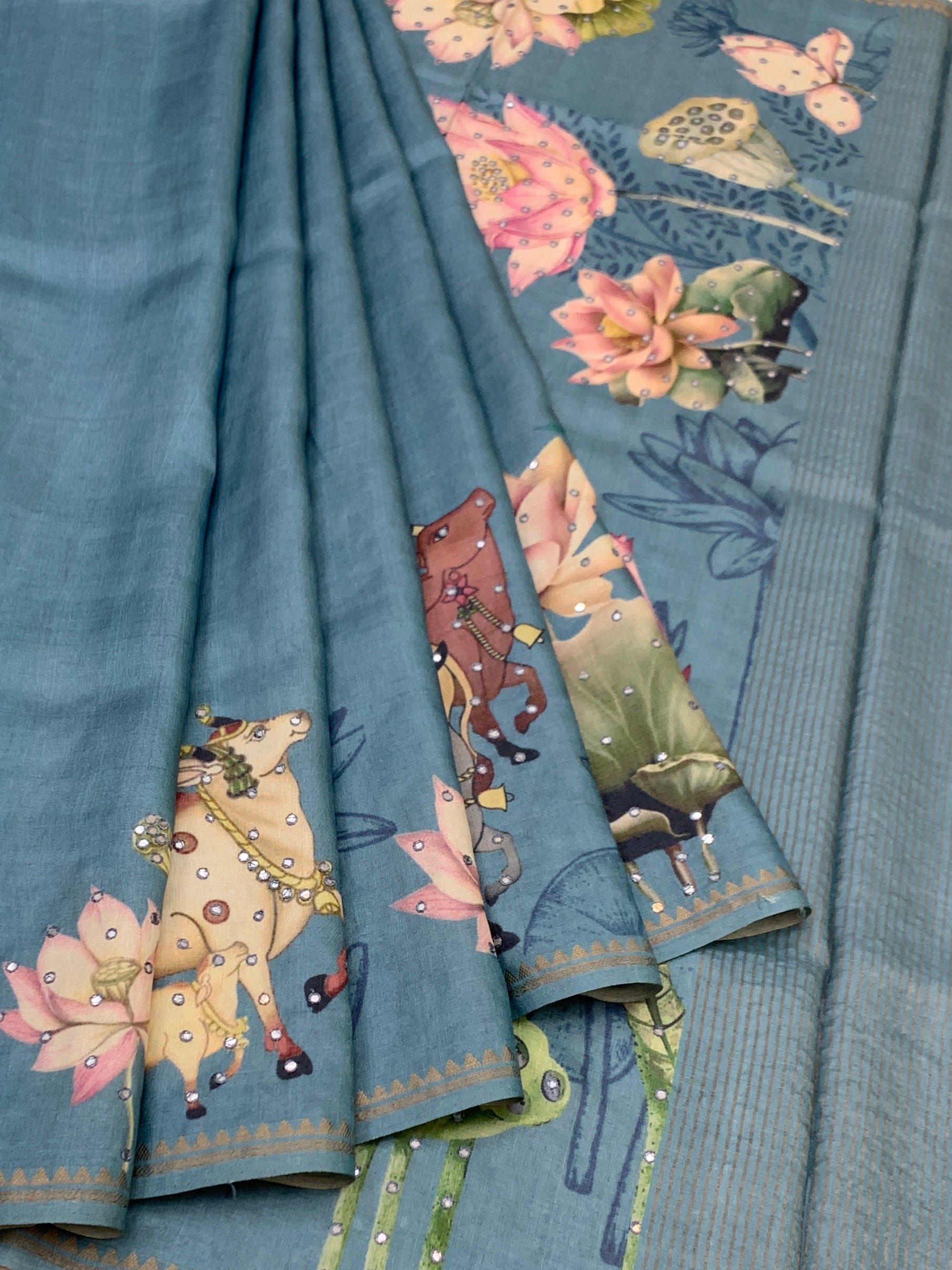 Azure Tranquility: Pichwai-Inspired Lotus & Cow Motif Tussar Silk Saree