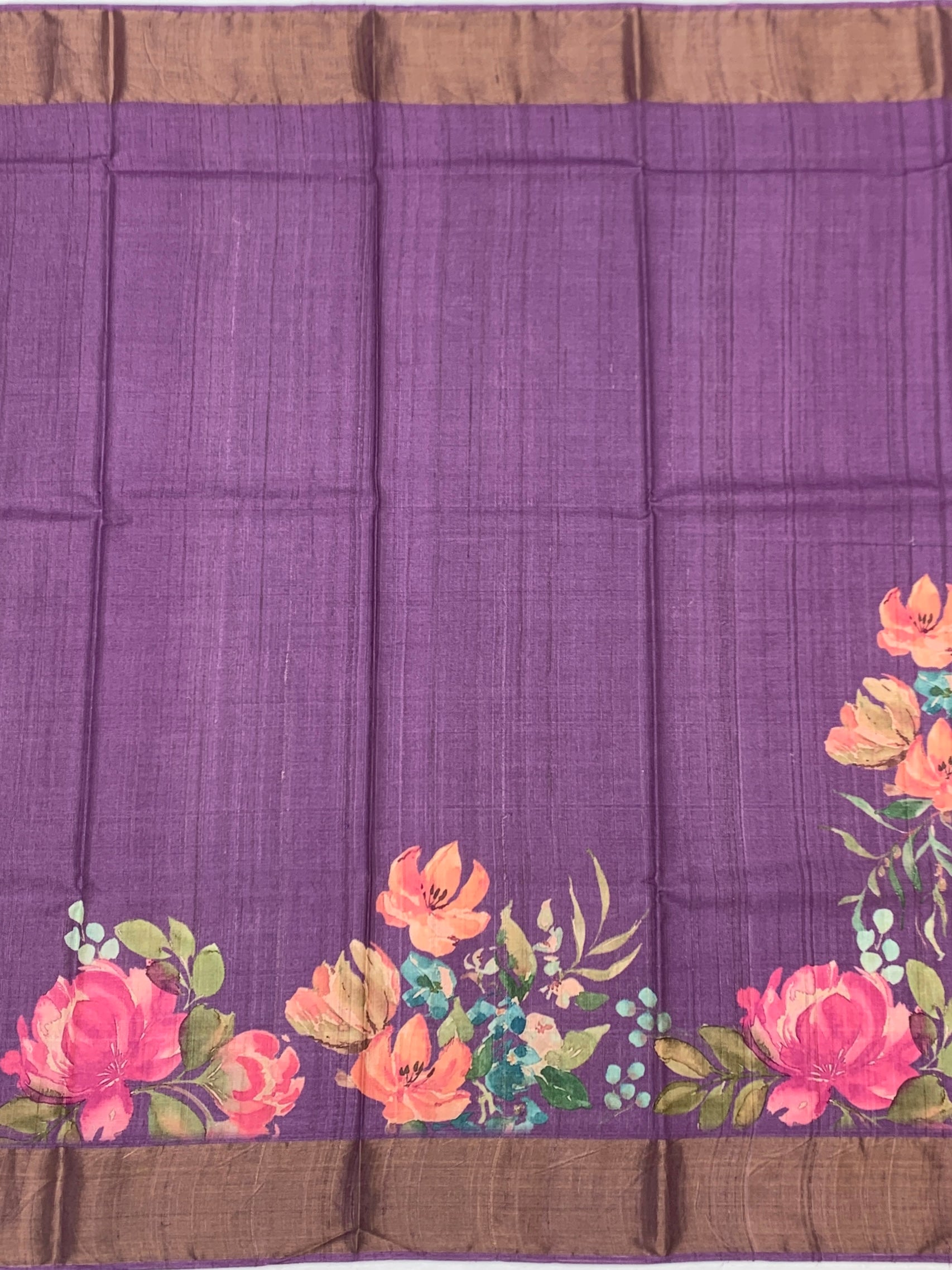 Mauve Meadow: Floral & Striped Tussore Printed Saree