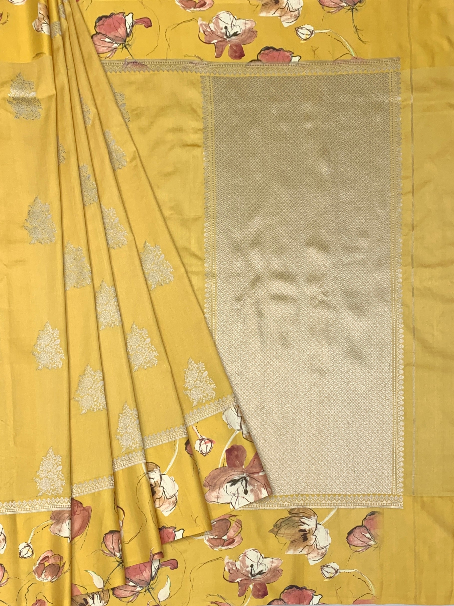Sunlit Petals: Mustard Yellow Tussar Silk Saree with Floral Print