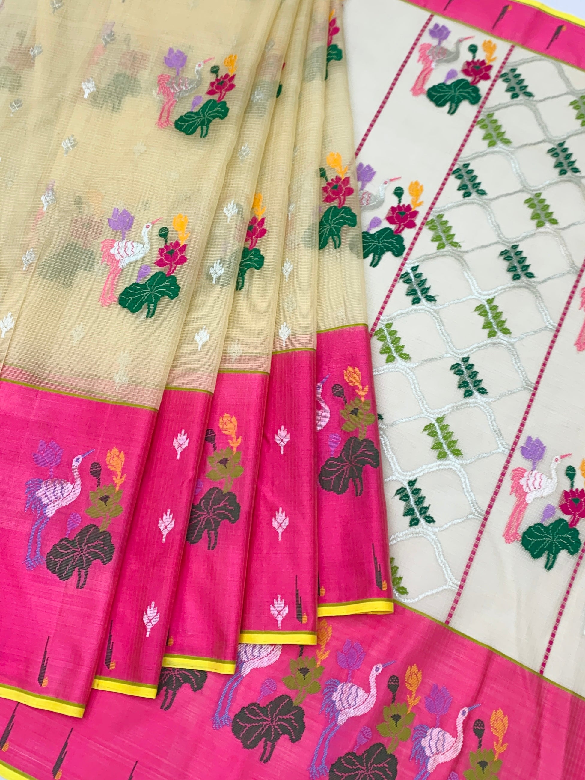 Enchanting Ivory Zari Kota Saree with Vibrant Crane & Lotus Motifs
