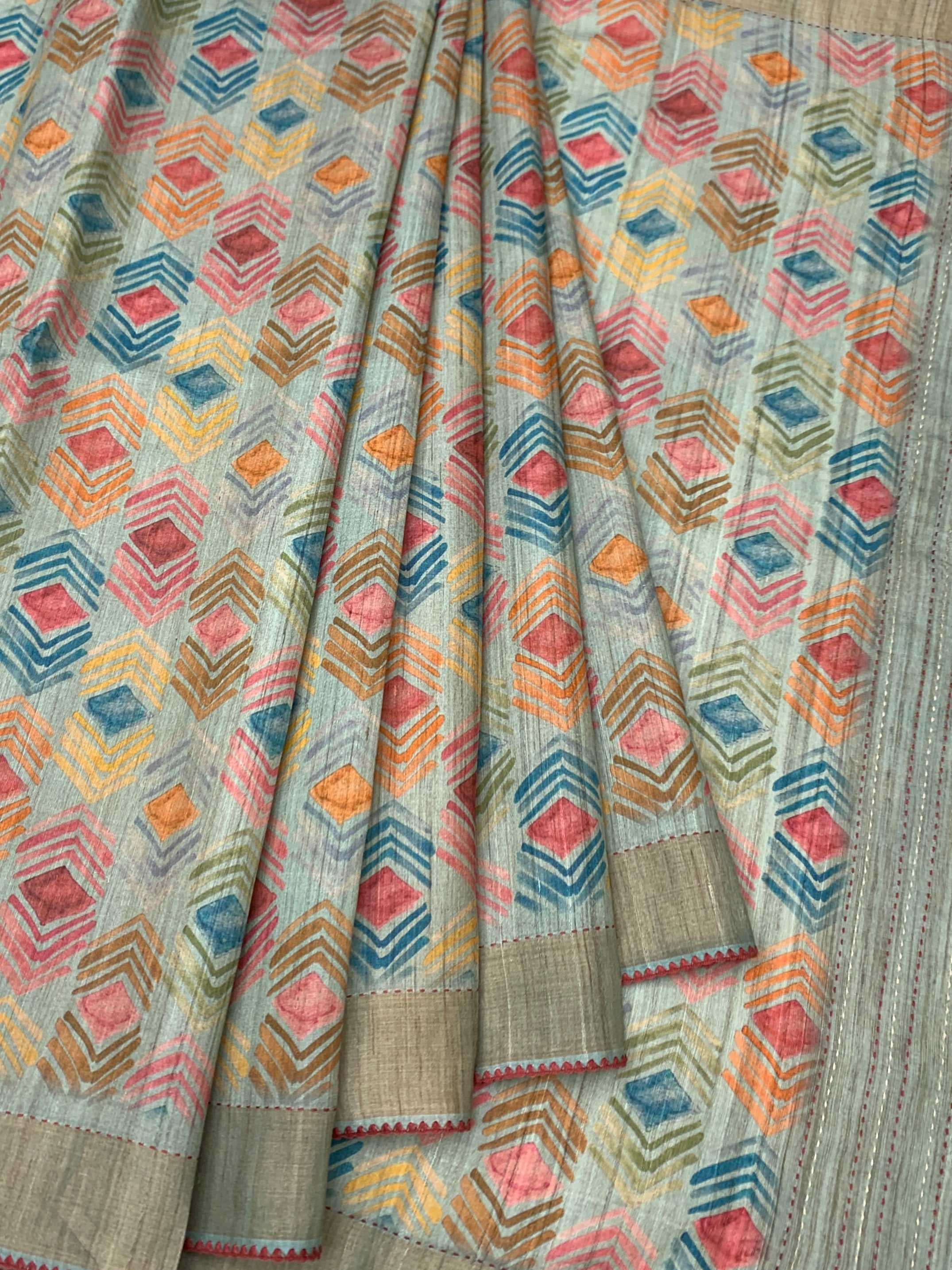Pastel Blue Tussore Saree with Kantha-Inspired Accent Prints