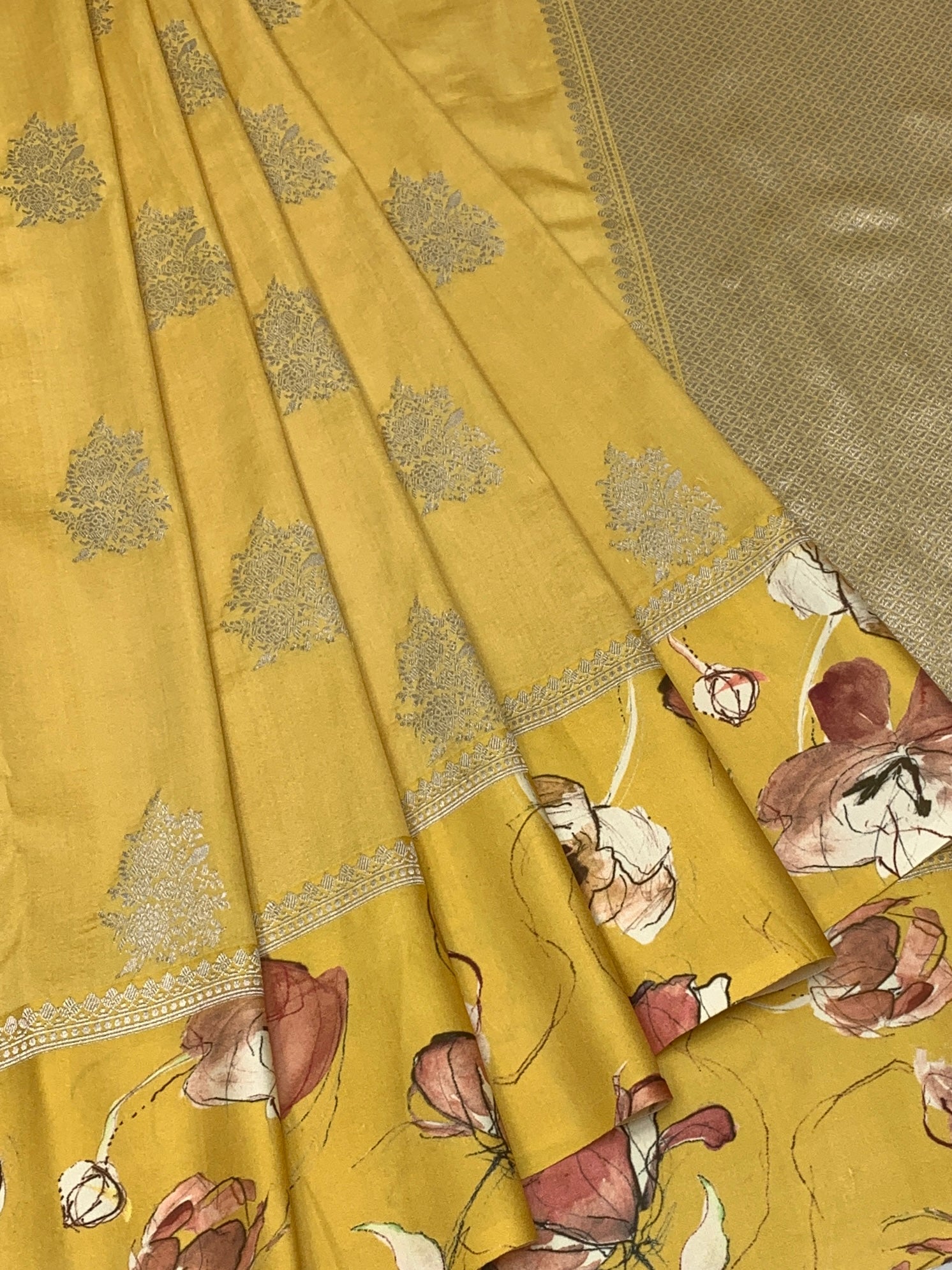 Sunlit Petals: Mustard Yellow Tussar Silk Saree with Floral Print
