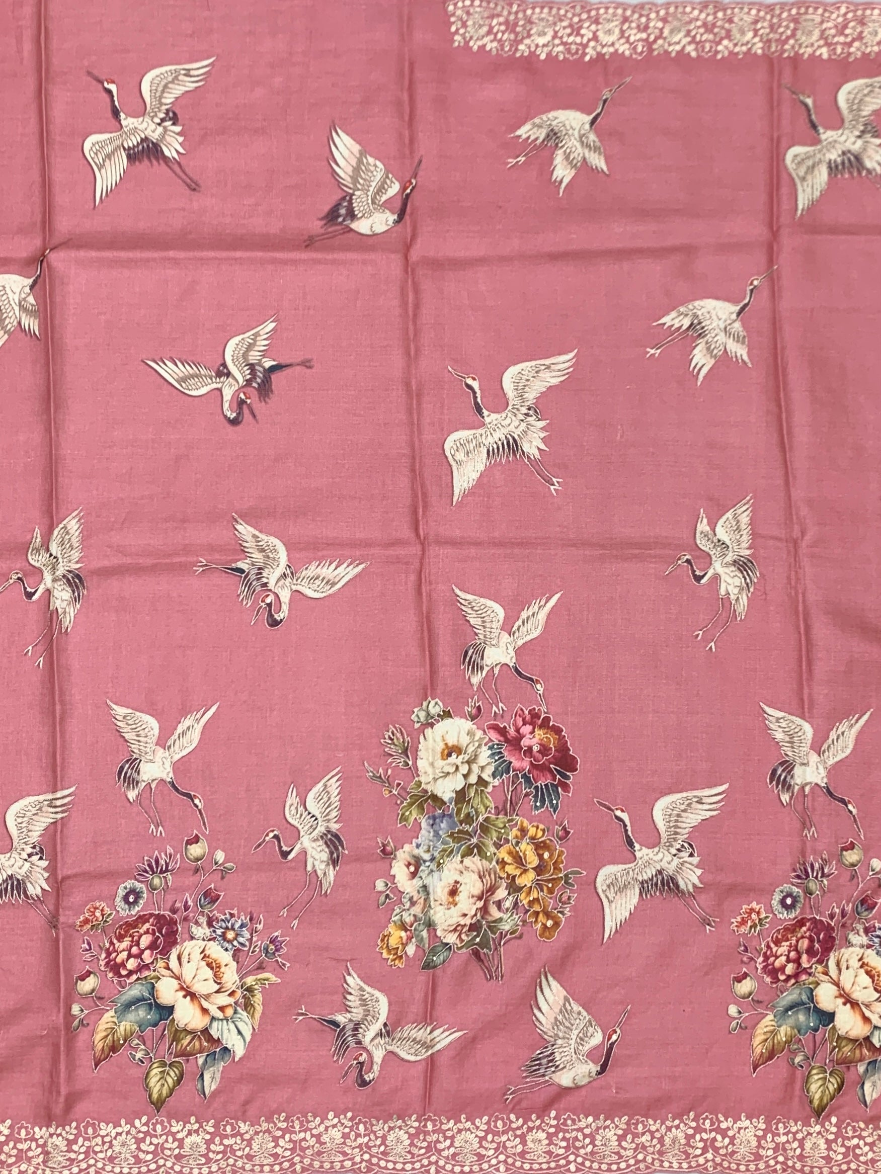 Vintage Rose & Oriental Crane: Hand-Embroidered Tussar Silk Saree
