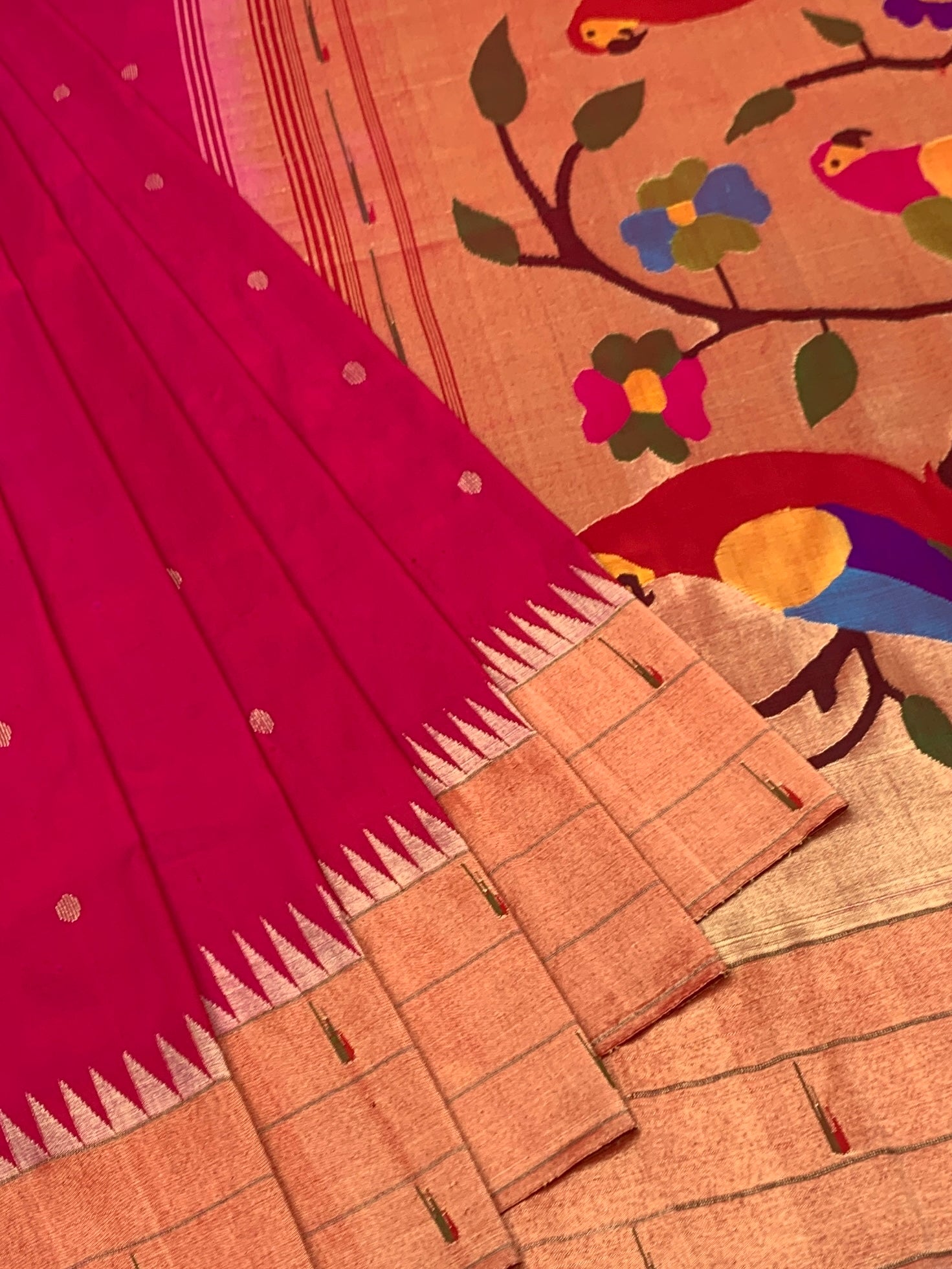 Opulent Rani Pink Paithani Silk Saree with Vibrant Parrot Pallu