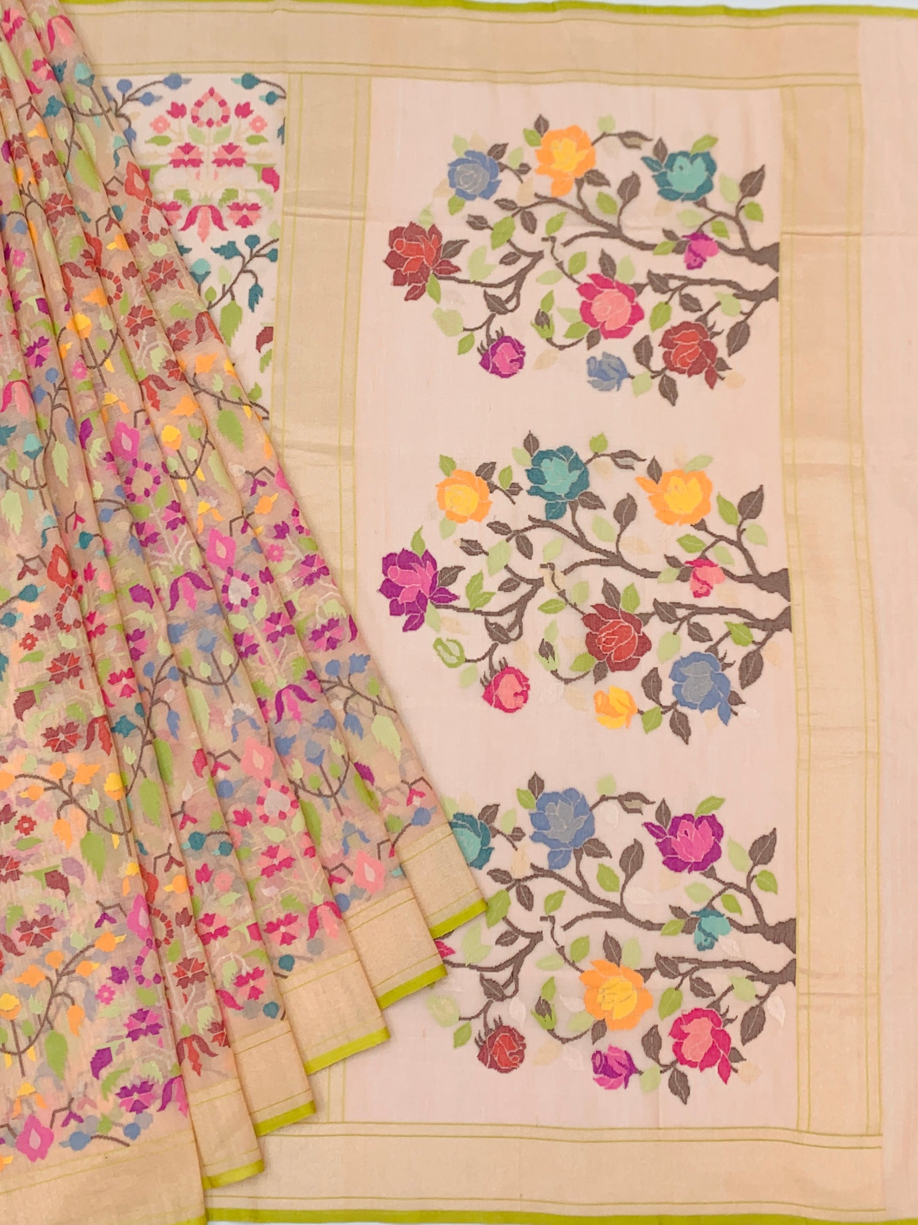 Ethereal Peach Cotton Jamdani Saree with Multi-Color Floral Jaal and Tree of Life Pallu