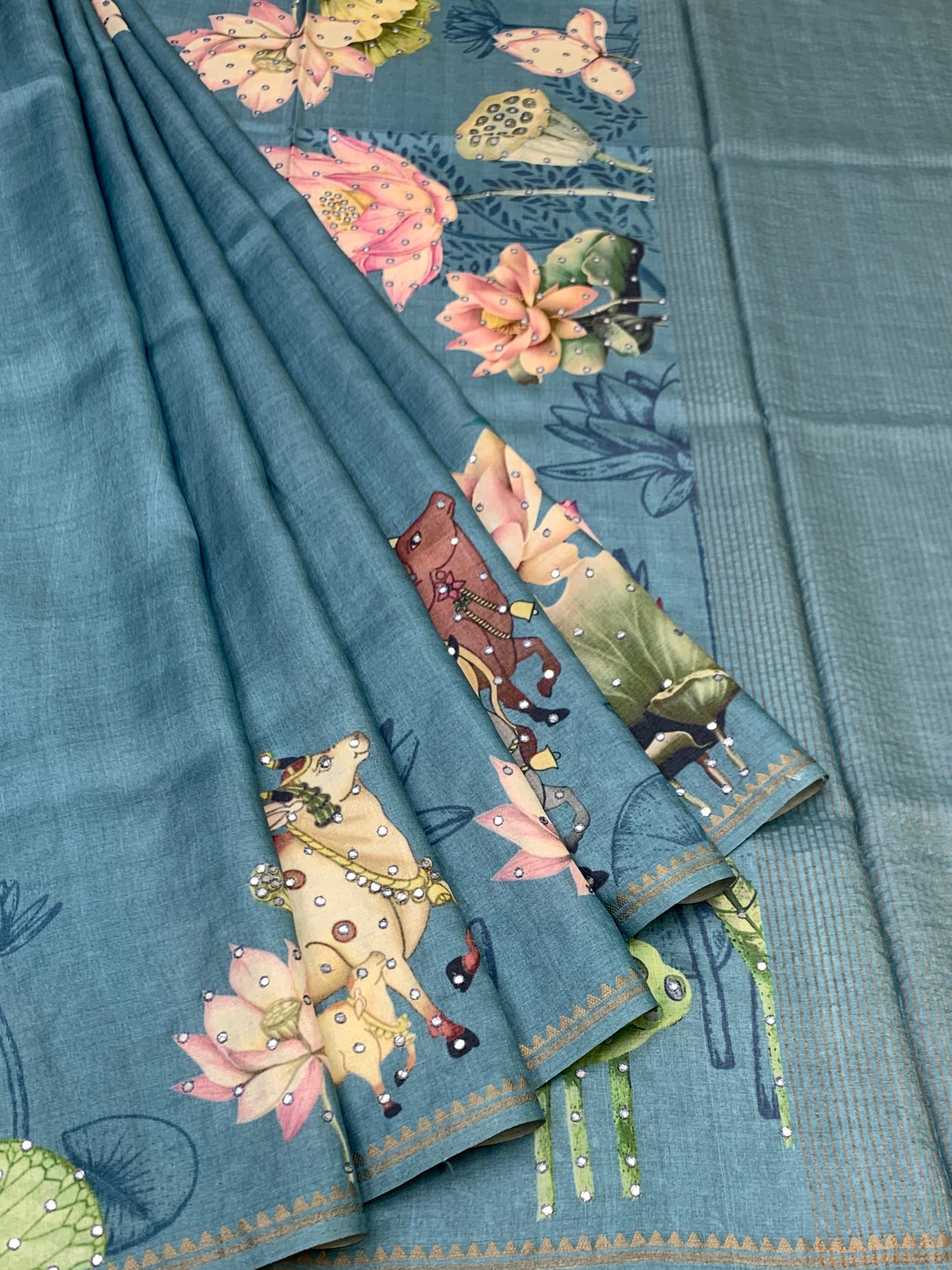 Azure Tranquility: Pichwai-Inspired Lotus & Cow Motif Tussar Silk Saree