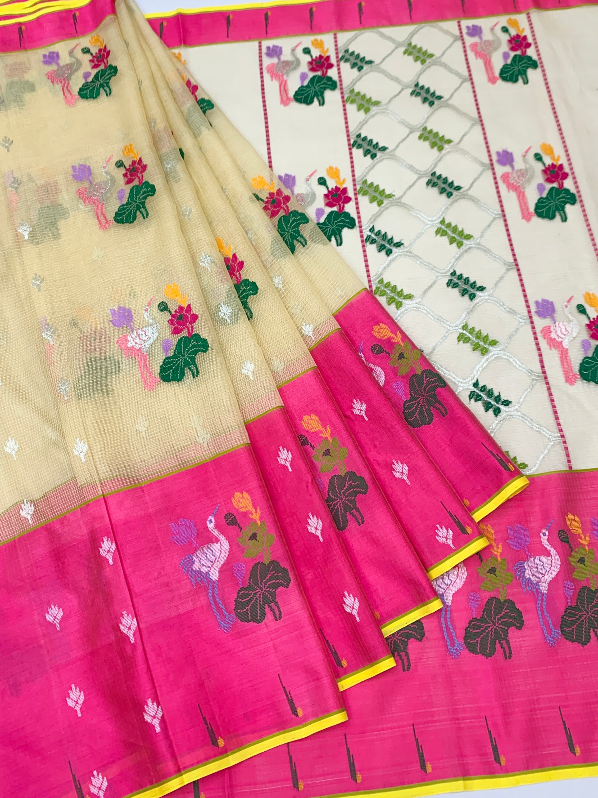 Enchanting Ivory Zari Kota Saree with Vibrant Crane & Lotus Motifs
