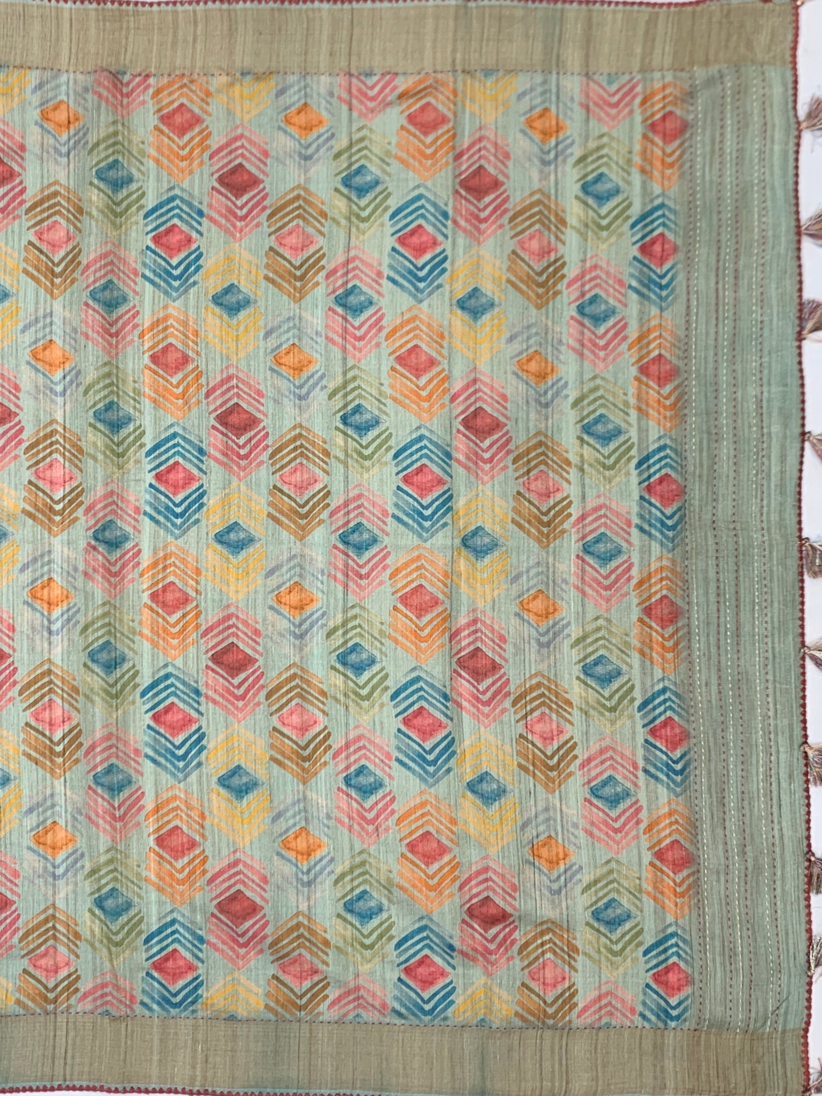 Pastel Blue Tussore Saree with Kantha-Inspired Accent Prints