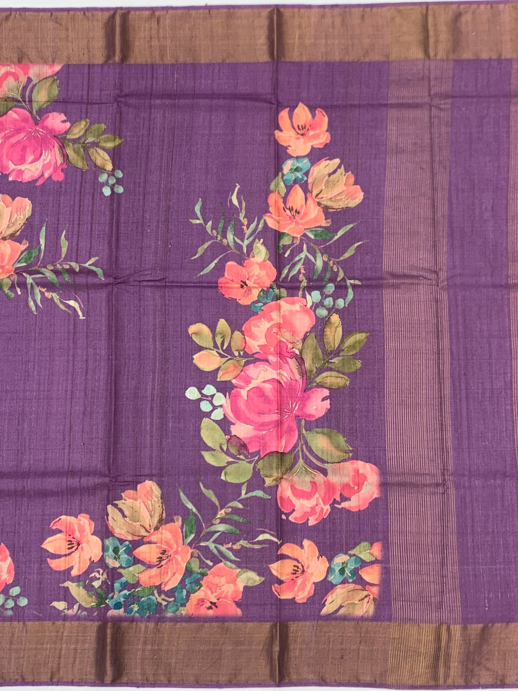 Mauve Meadow: Floral & Striped Tussore Printed Saree