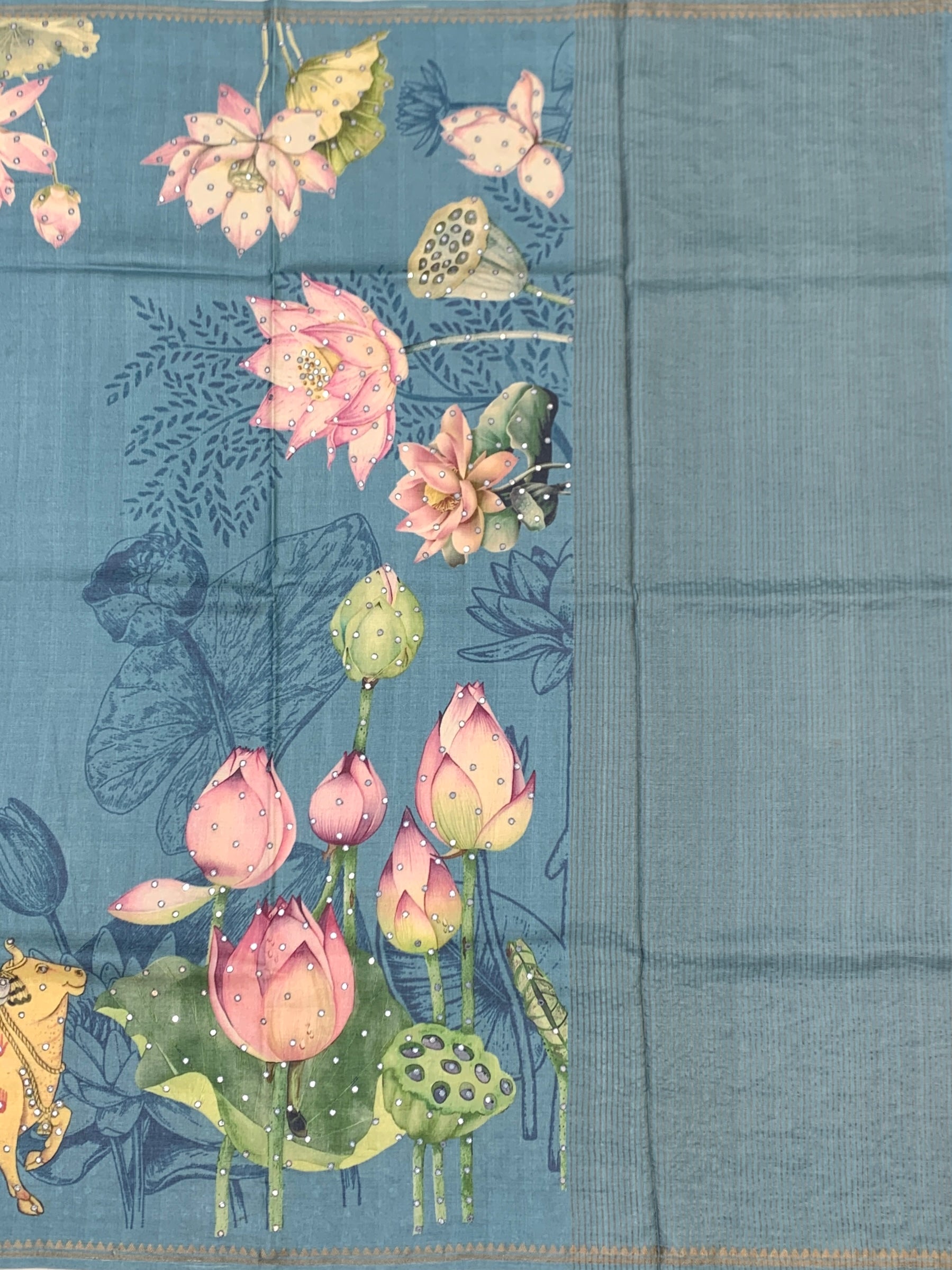 Azure Tranquility: Pichwai-Inspired Lotus & Cow Motif Tussar Silk Saree