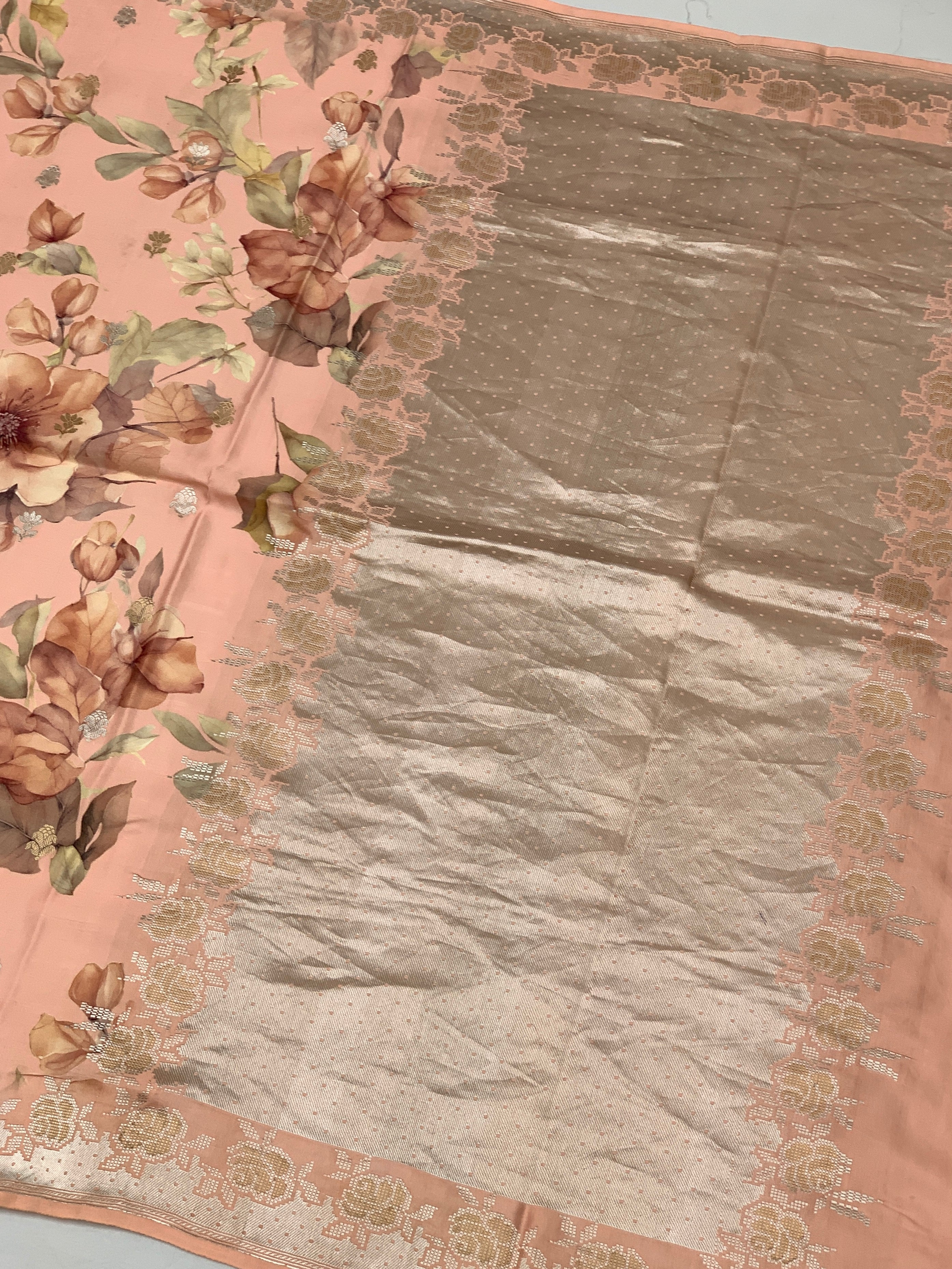 Elegant Peach Floral Mashru Silk Saree with Zari Border