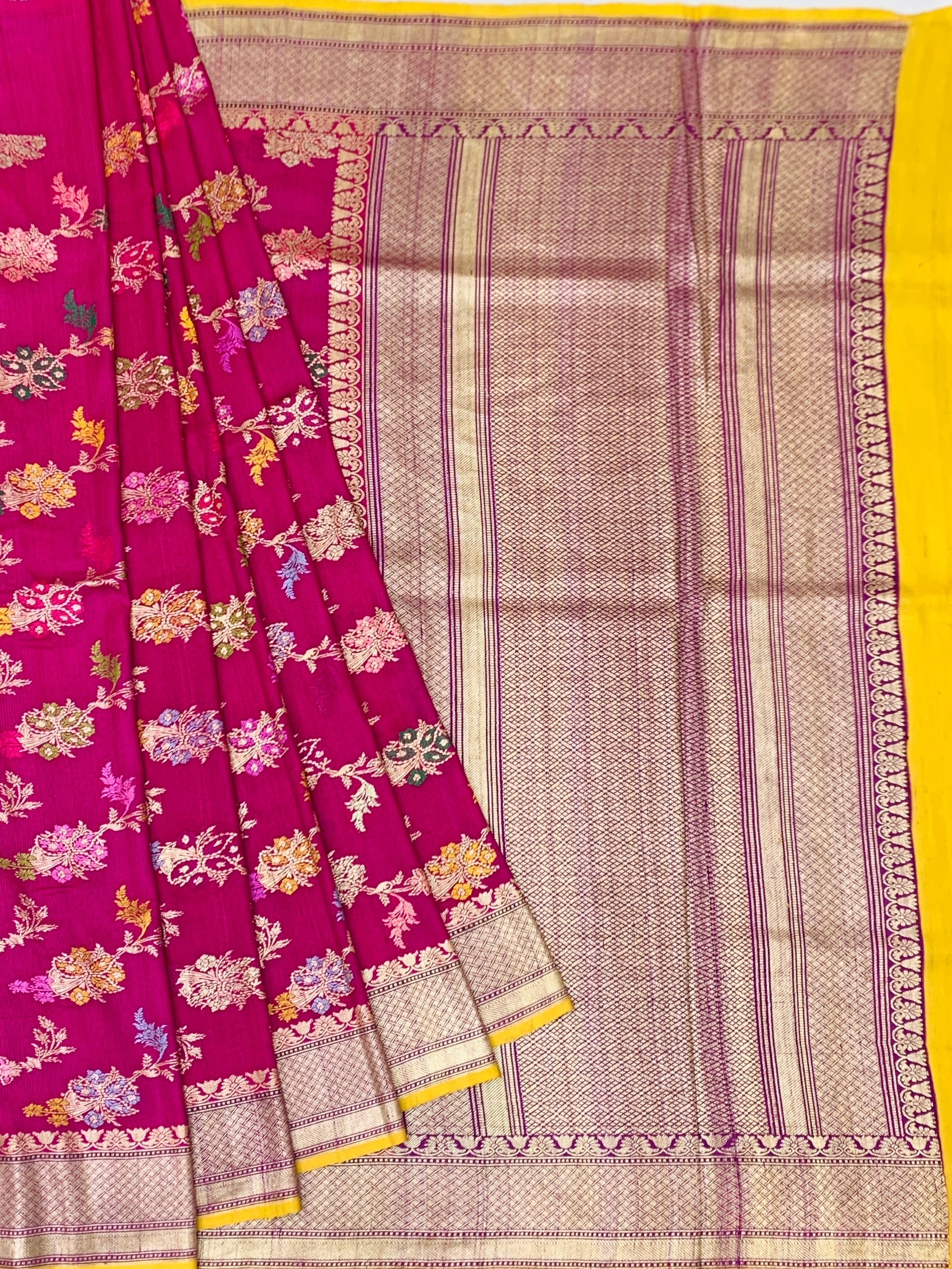Vibrant Pink Tussore Georgette Saree with Meenakari Botanicals and Yellow Blouse
