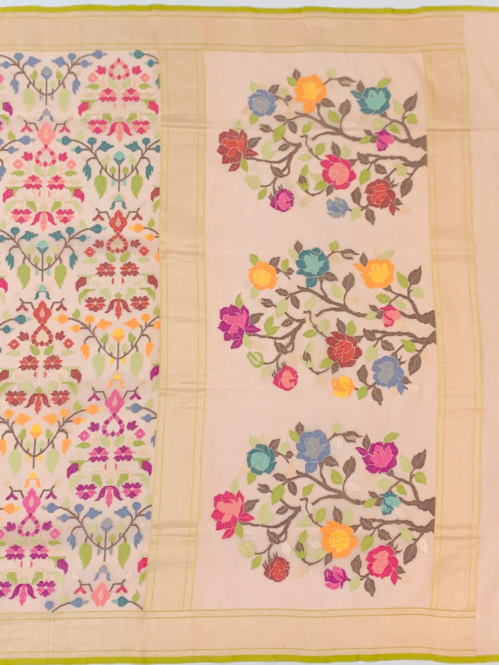 Ethereal Peach Cotton Jamdani Saree with Multi-Color Floral Jaal and Tree of Life Pallu