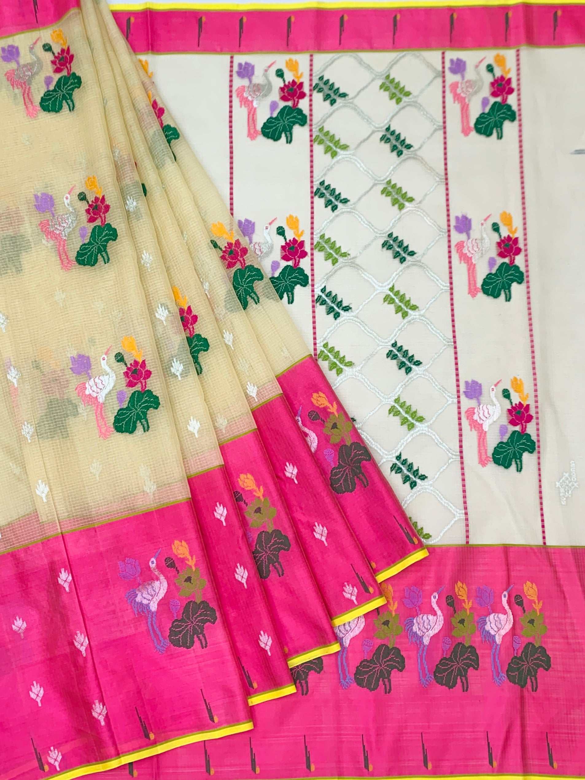 Enchanting Ivory Zari Kota Saree with Vibrant Crane & Lotus Motifs