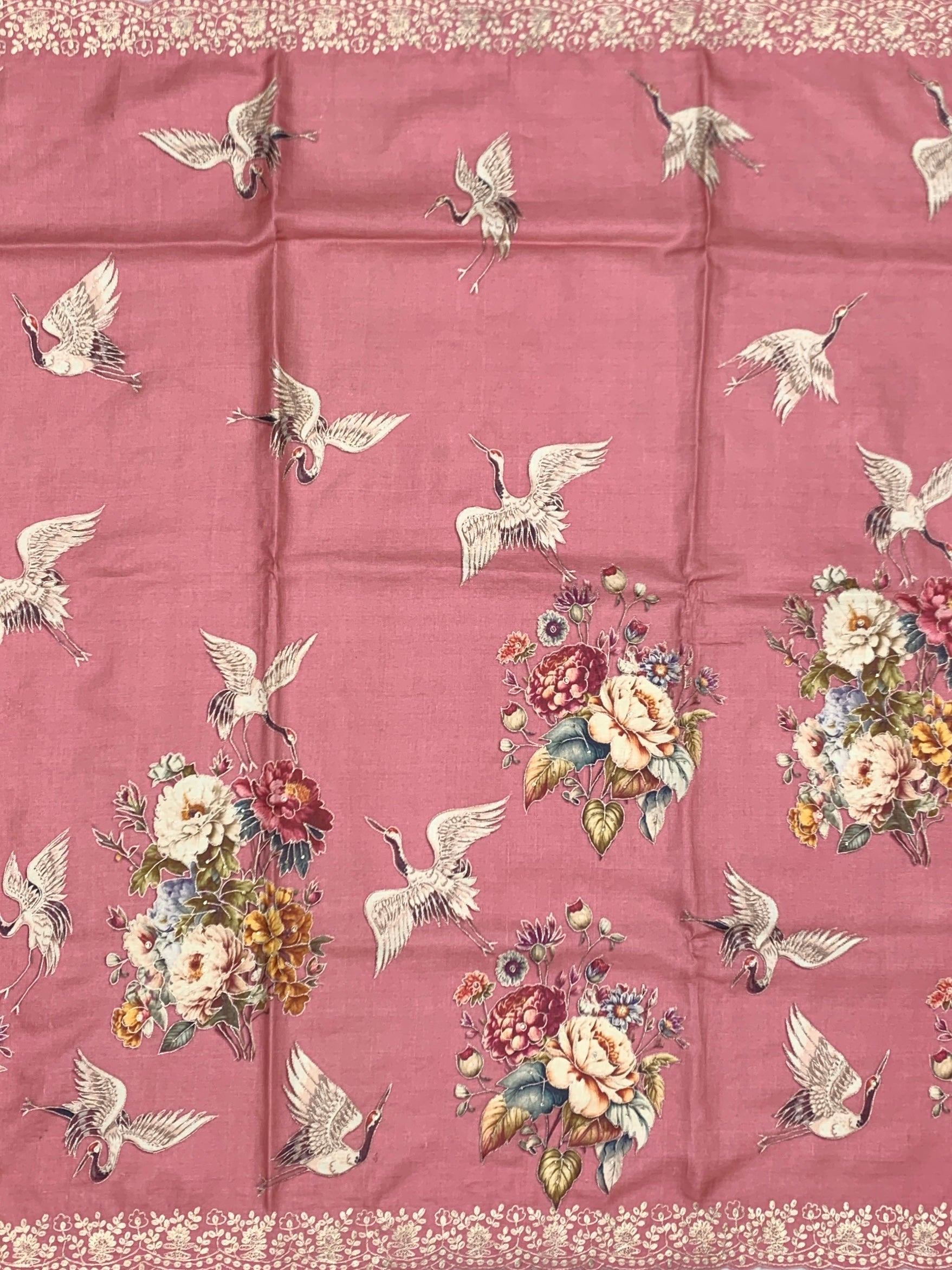 Vintage Rose & Oriental Crane: Hand-Embroidered Tussar Silk Saree