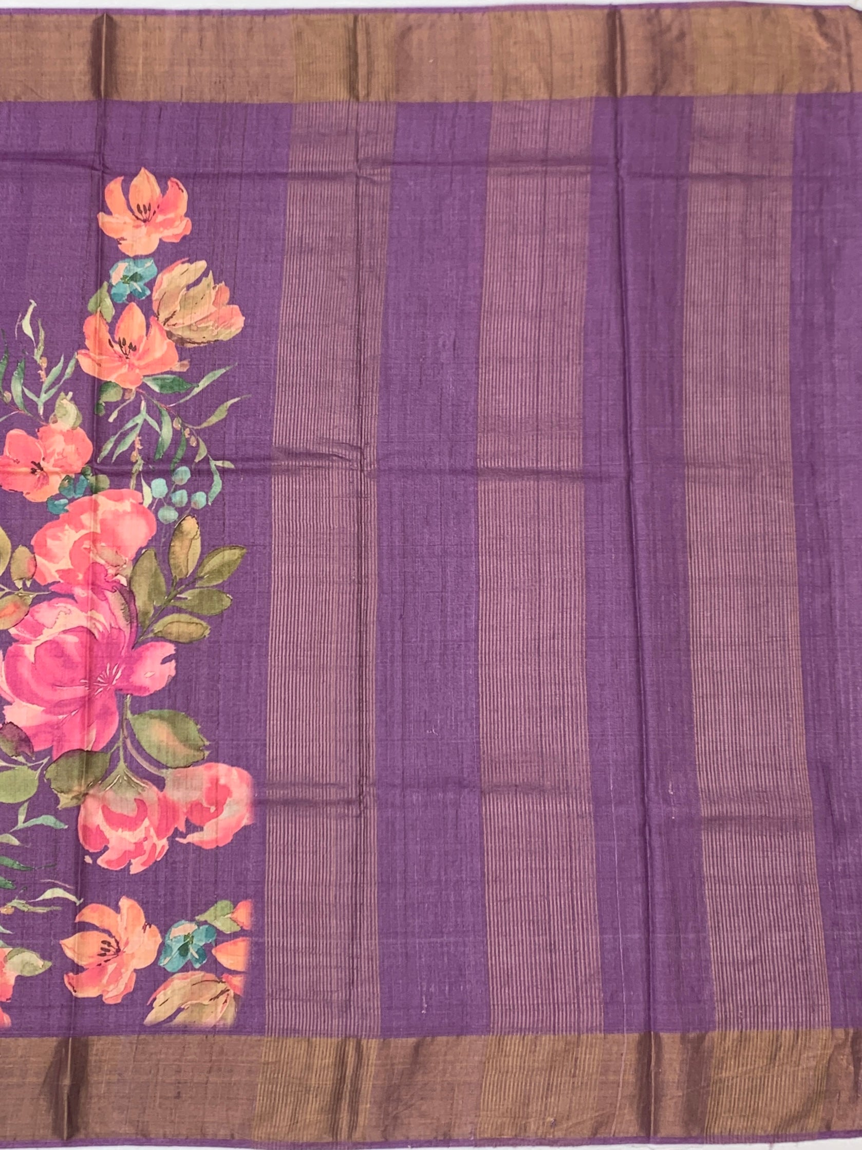 Mauve Meadow: Floral & Striped Tussore Printed Saree