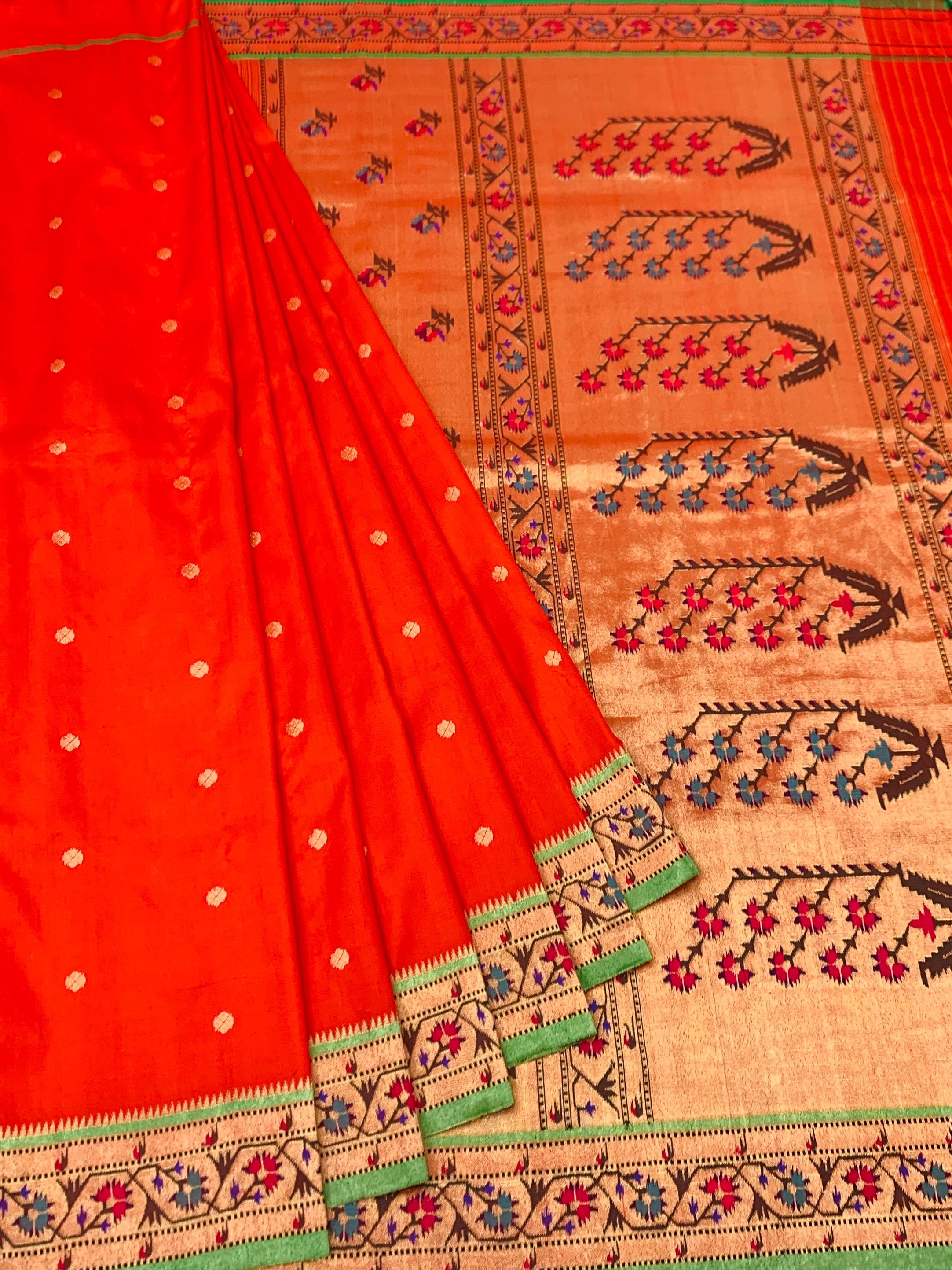 Vibrant Vermilion Orange Paithani Silk Saree with Floral Tree Pallu
