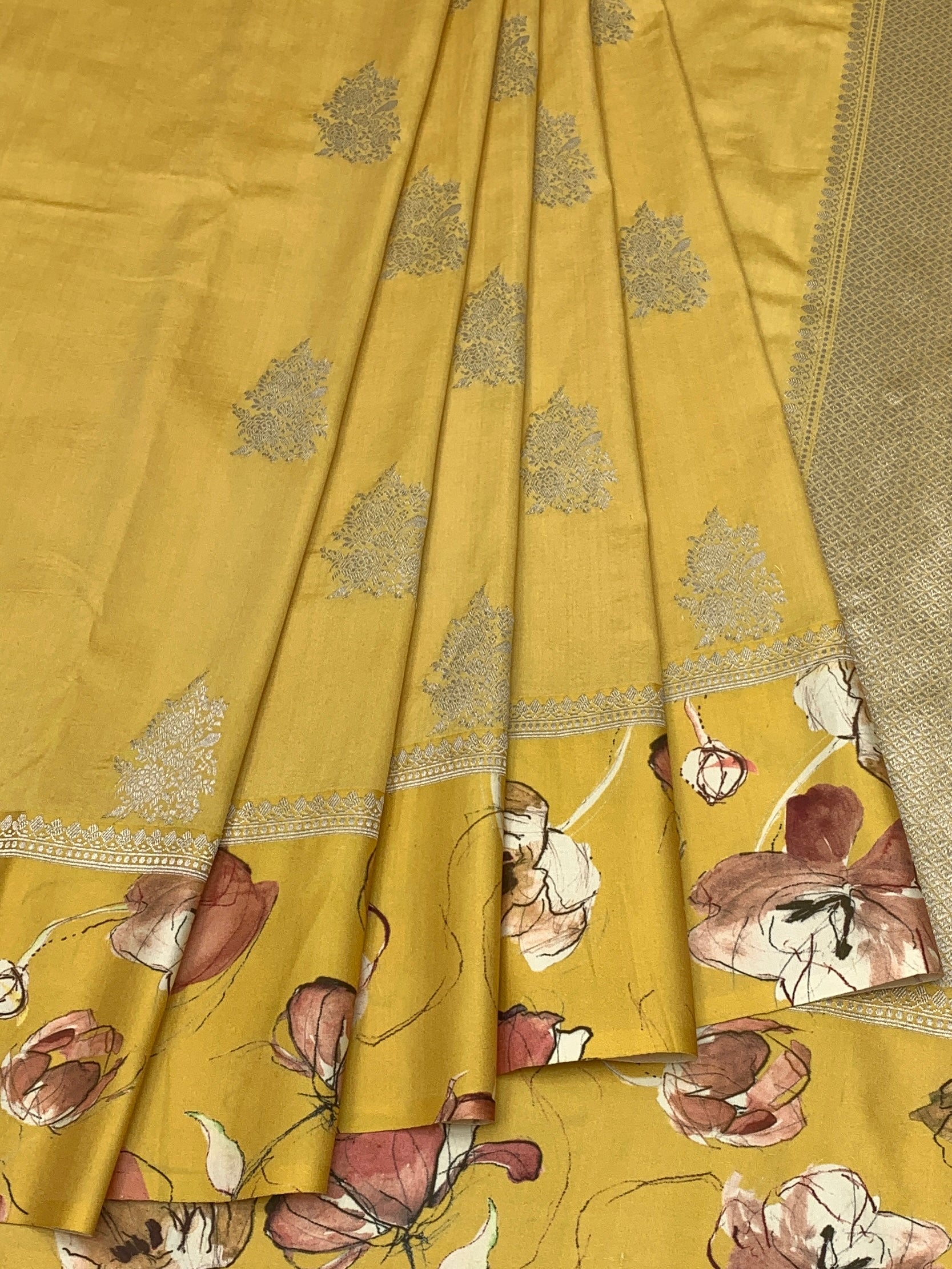 Sunlit Petals: Mustard Yellow Tussar Silk Saree with Floral Print