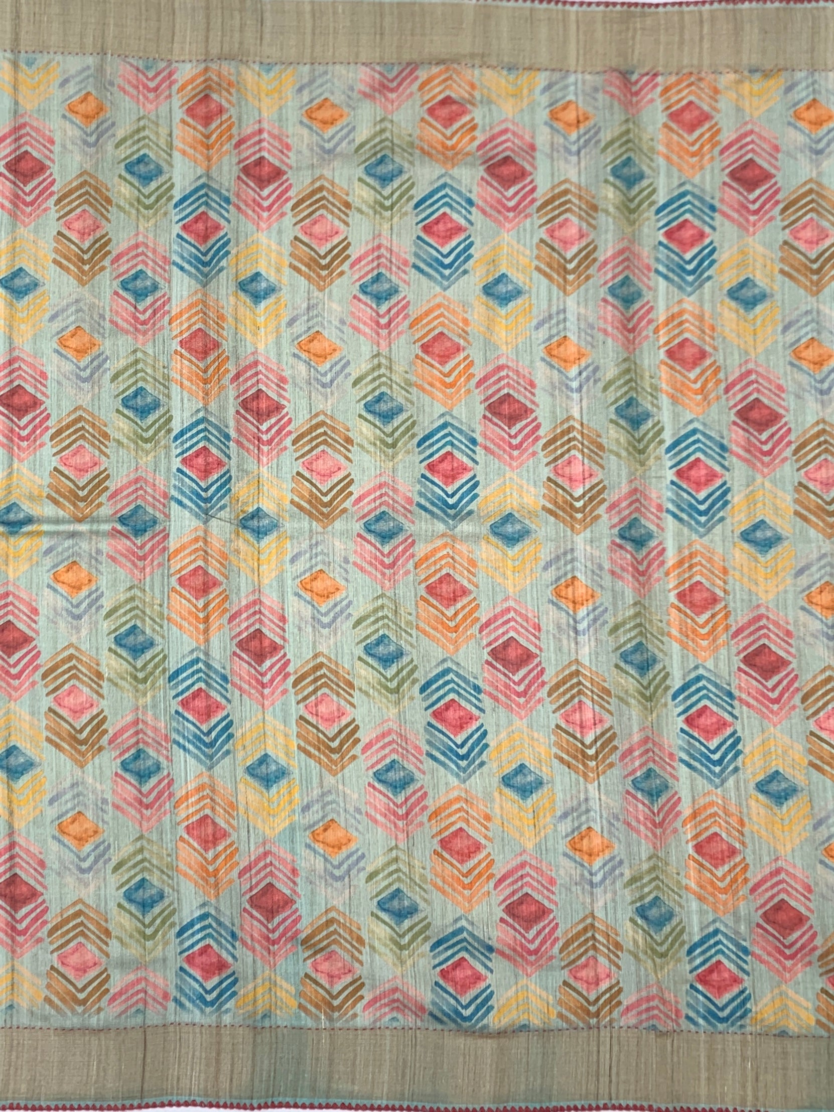 Pastel Blue Tussore Saree with Kantha-Inspired Accent Prints
