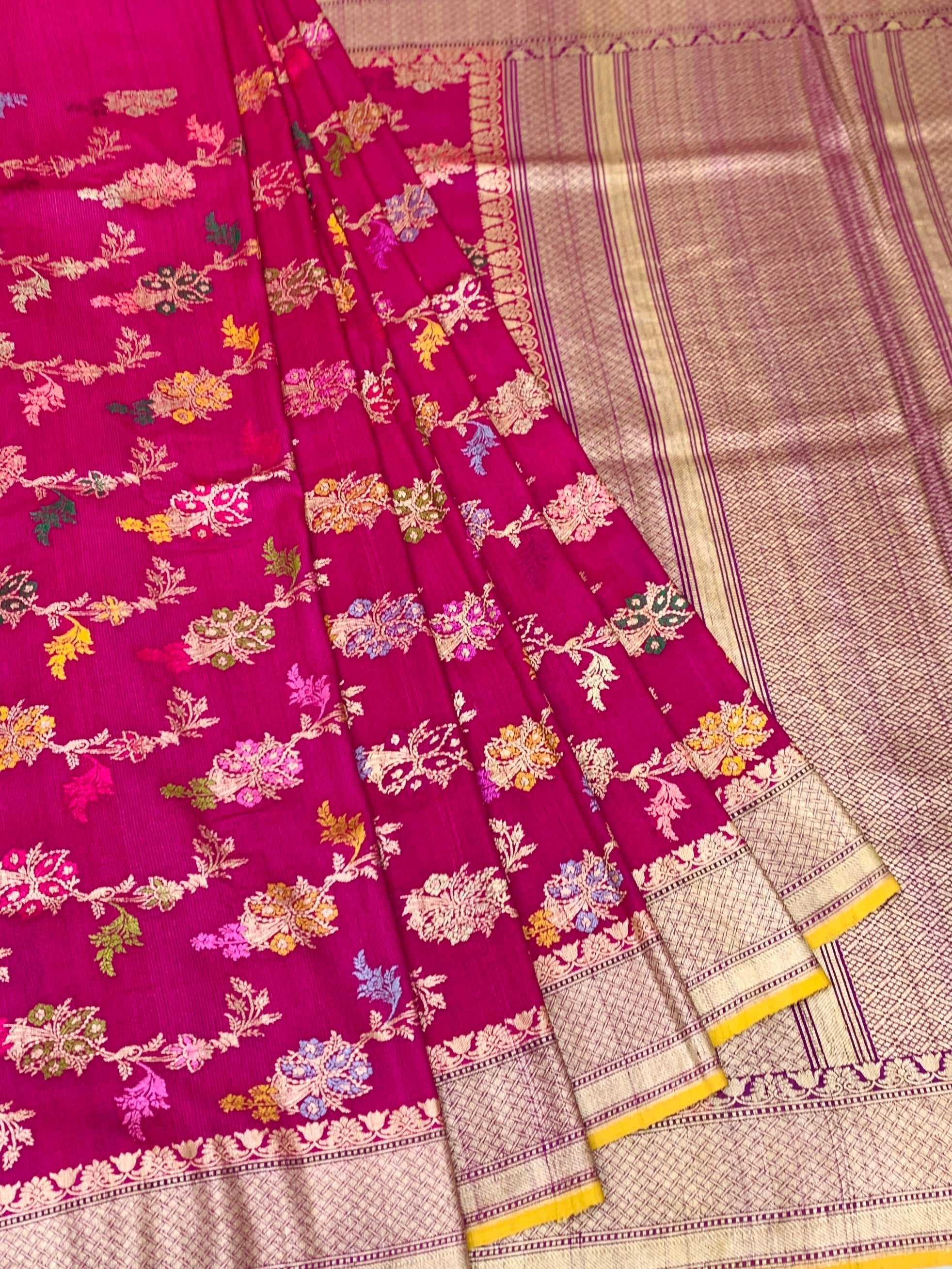 Vibrant Pink Tussore Georgette Saree with Meenakari Botanicals and Yellow Blouse