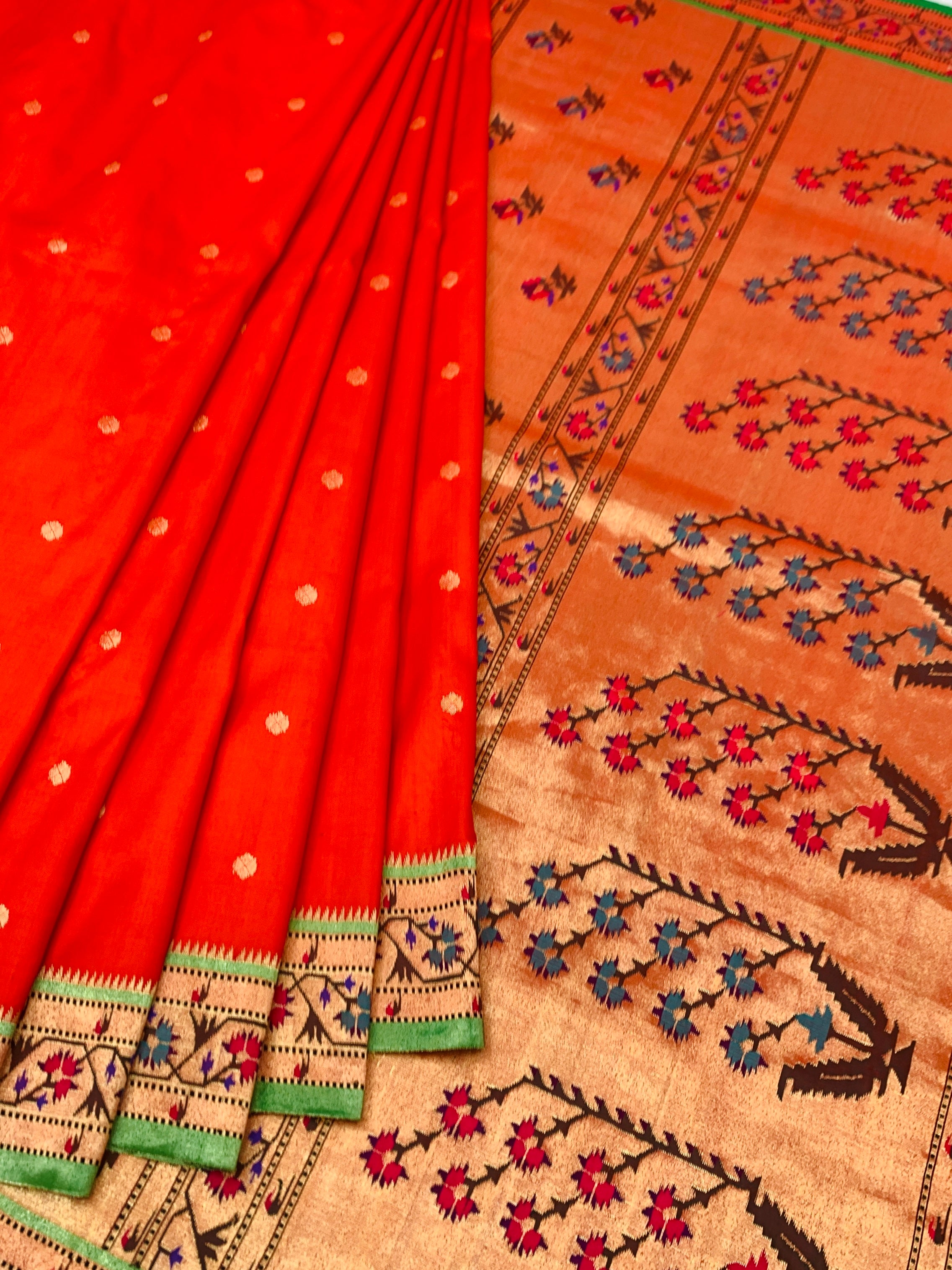 Vibrant Vermilion Orange Paithani Silk Saree with Floral Tree Pallu