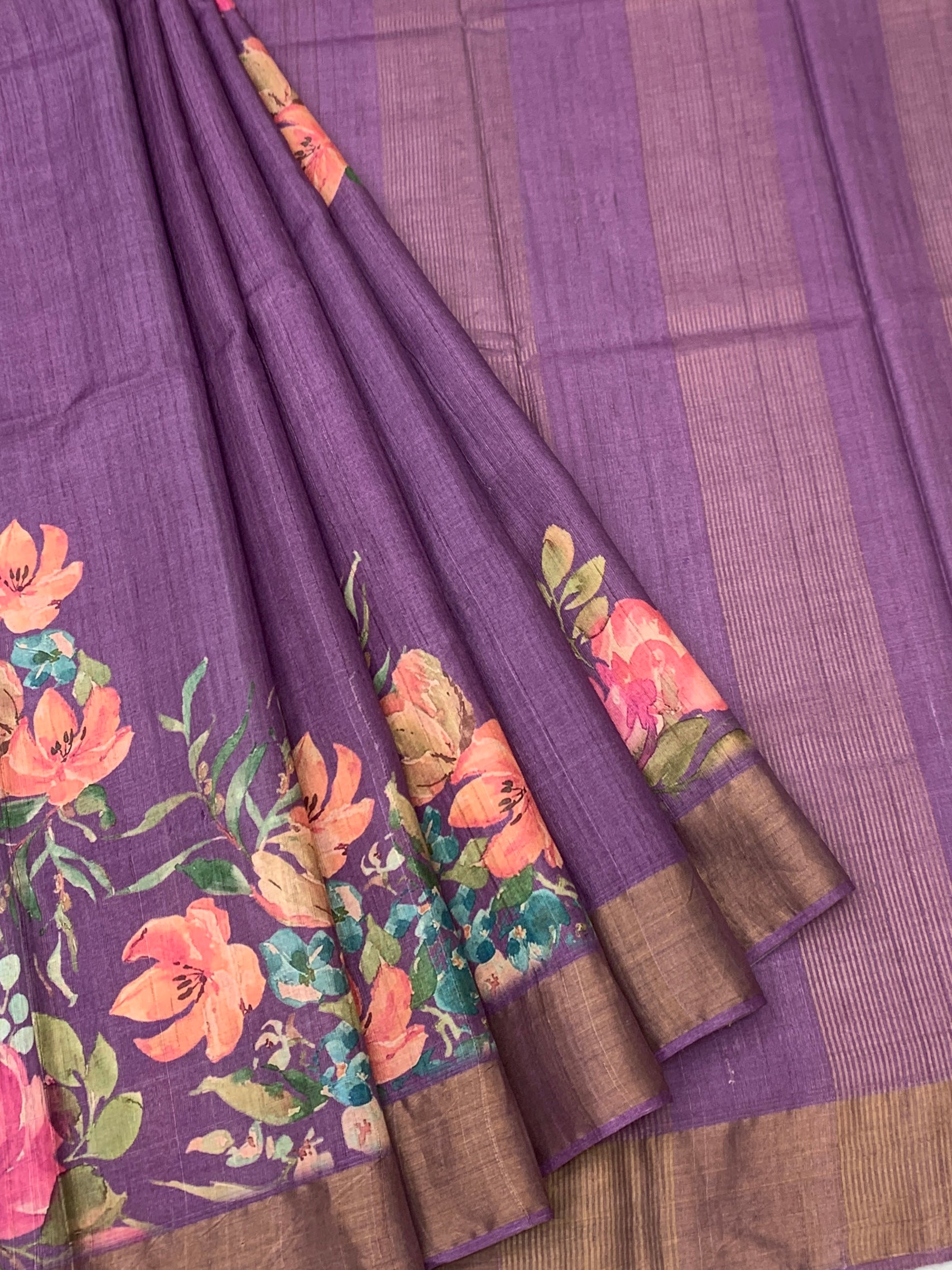 Mauve Meadow: Floral & Striped Tussore Printed Saree