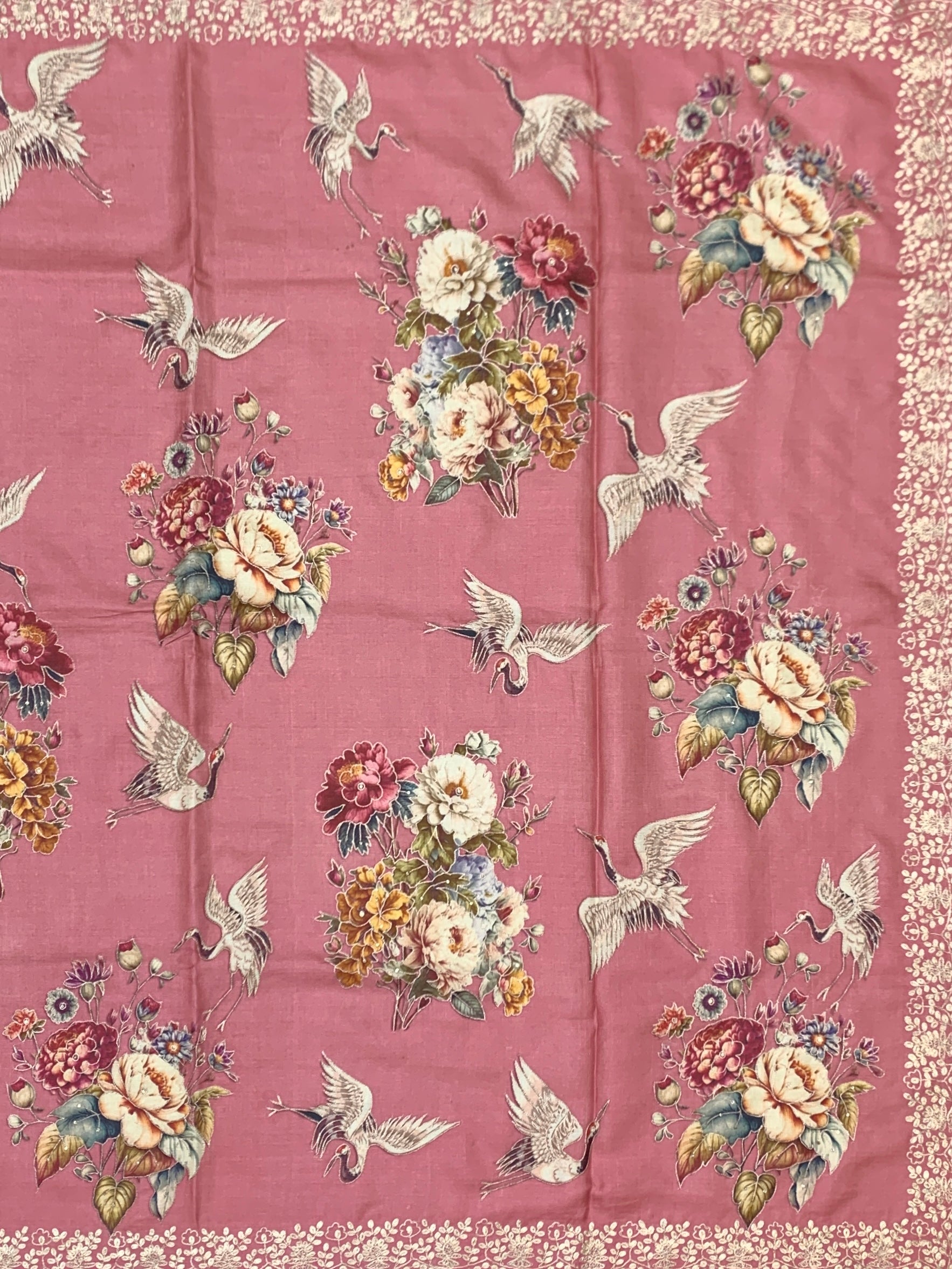 Vintage Rose & Oriental Crane: Hand-Embroidered Tussar Silk Saree